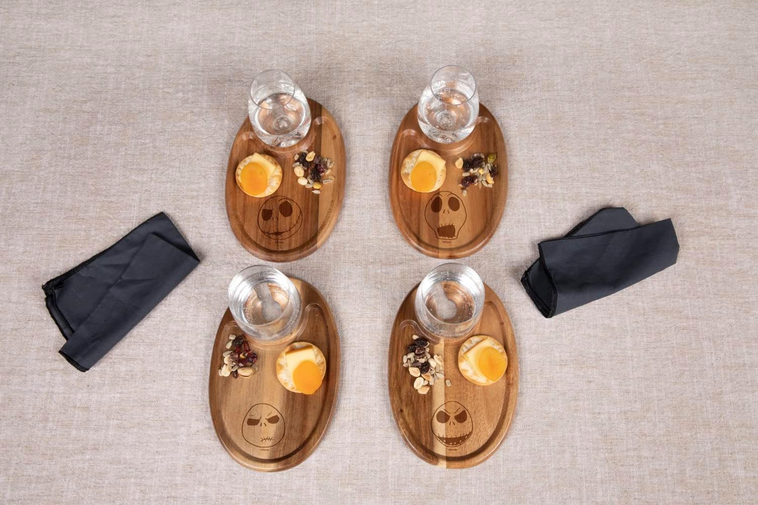 PICNIC TIME Disney Nightmare Before Christmas Jack Skellington Wine Appetizer Plate Set of 4 with Glass Holder, Acacia Wood Cocktail Plates for Cheese Charcuterie and Entertaining, (Acacia Wood)