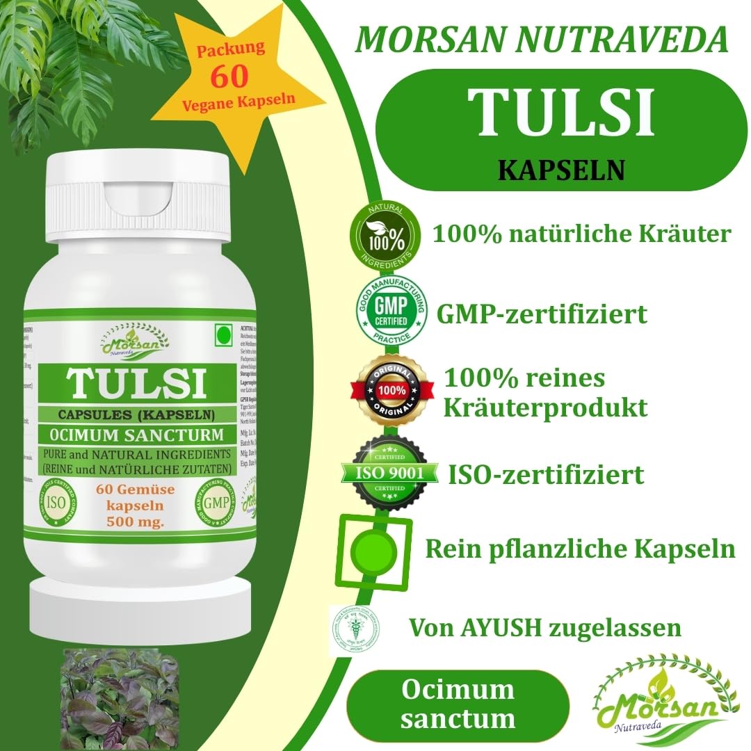 Tulsi (Ocimum sanctum, Basil) Extrakt mit 10:1 Stärke, 500 mg x 60 vegane Kapseln | Ayurvedisches Kräuterergänzungsmittel für Männer und Frauen (1 Flasche mit 60 Kapseln)
