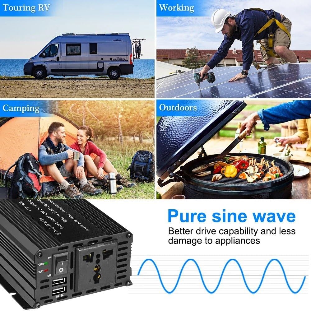 Inversor De Corriente Para Coche Onda Sinusoidal Pura 1000 W 1500 W 2200 W 2600 W De 12 V CC A 220 V CA Con Doble USB 3,1 A Compatible Con La UE/Universal Transformador Inversor Onda Pura(1500W 50Hz E