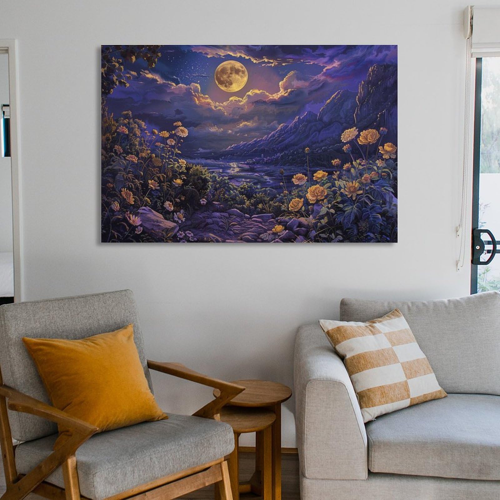 Amazon.co.jp: 絵画 月明かりに照らされる谷の花々インテリア 絵画 