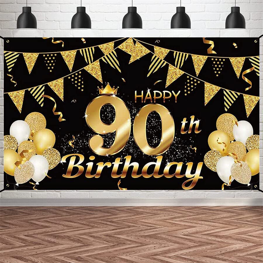 Felice 90 ° compleanno festa decorazione sfondo fotografia sfondo per uomini donne oro nero novanta 90 anni banner poster 240X180cm