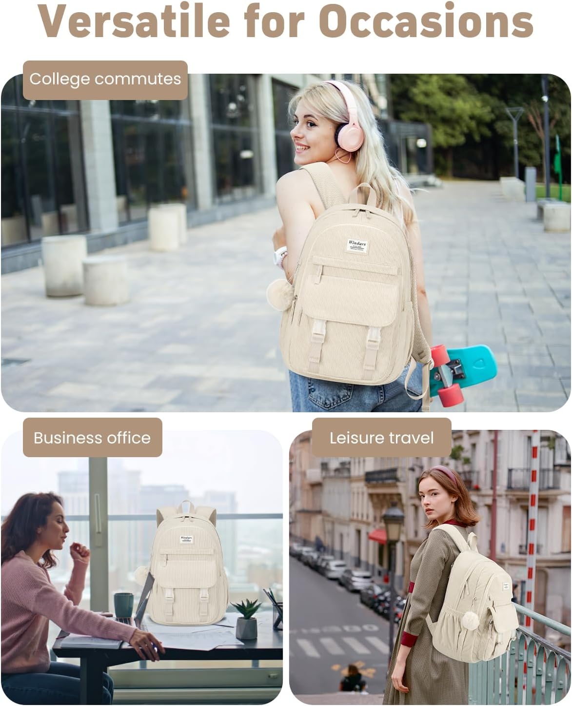 School Backpack for Teens, Large Corduroy Bookbag Cute 17.3 Inch Laptop Bag for Girls Women Lightweight Aesthetic High School College Back Pack for Student Nurse, Beige