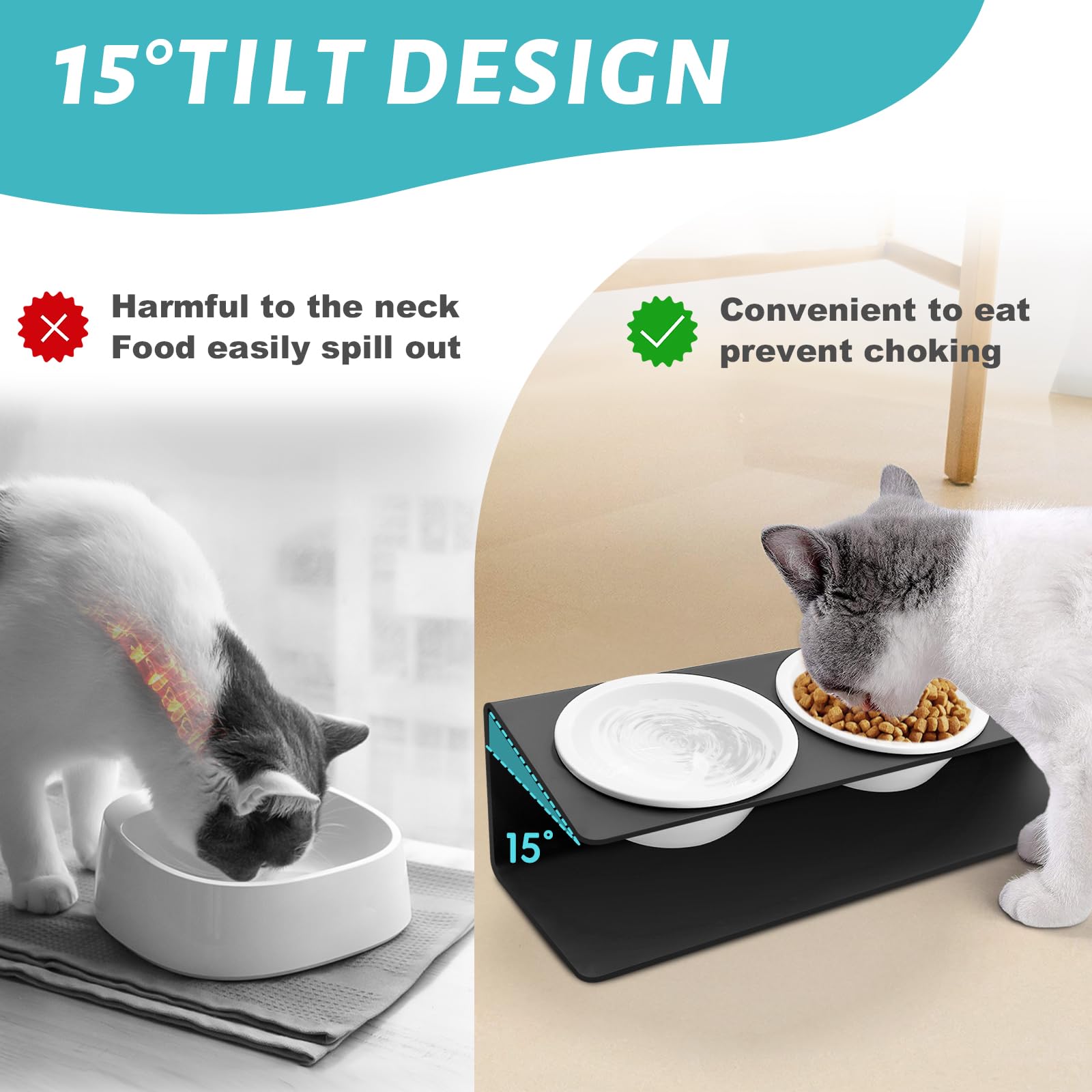 Lannvan Gamelle Chat, Gamelle Chat Surélevée, 3X Gamelle pour Chat Céramique avec Support en Métal Antidérapant, Bols Chat avec Support 15° Incliné, Gamelle Chien pour Chats et Petits Chiens