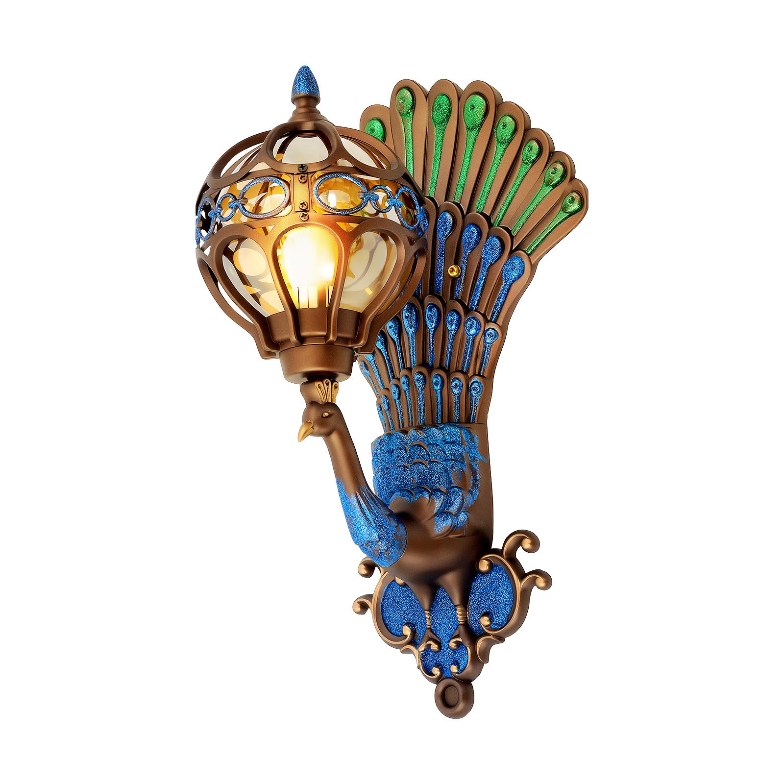 Peacock Wall Light, Retro Aluminum Peacock Wall Exterior Lantern with Glass Shade, Vintage Art Decor Outdoor Waterproof Walls Lamps Sconce Porch Light