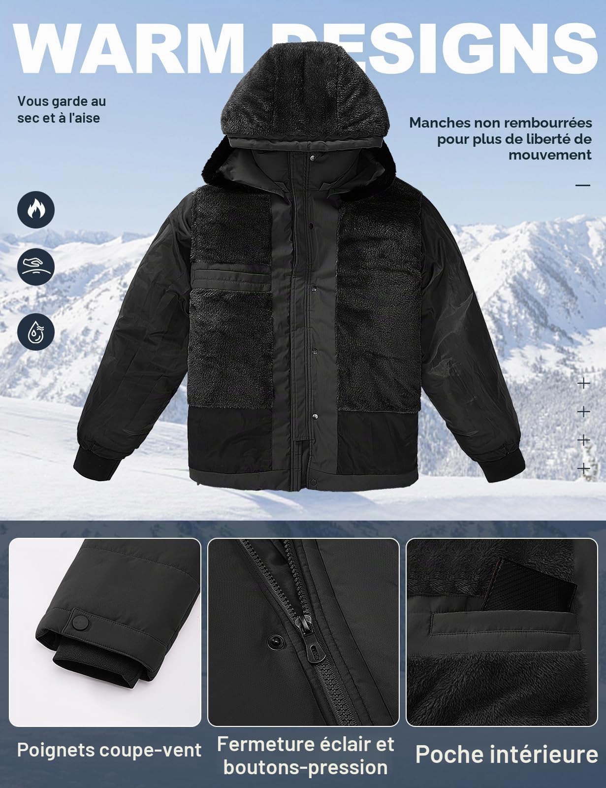 Tuopuda Homme Manteau d'hiver Chaud, Vestes Polaire Décontracté Parka Doublure Coupe Mince Manteaux Amovible Capuche Coupe-Vent Doudoune Zippé Épais Blouson Outercoat