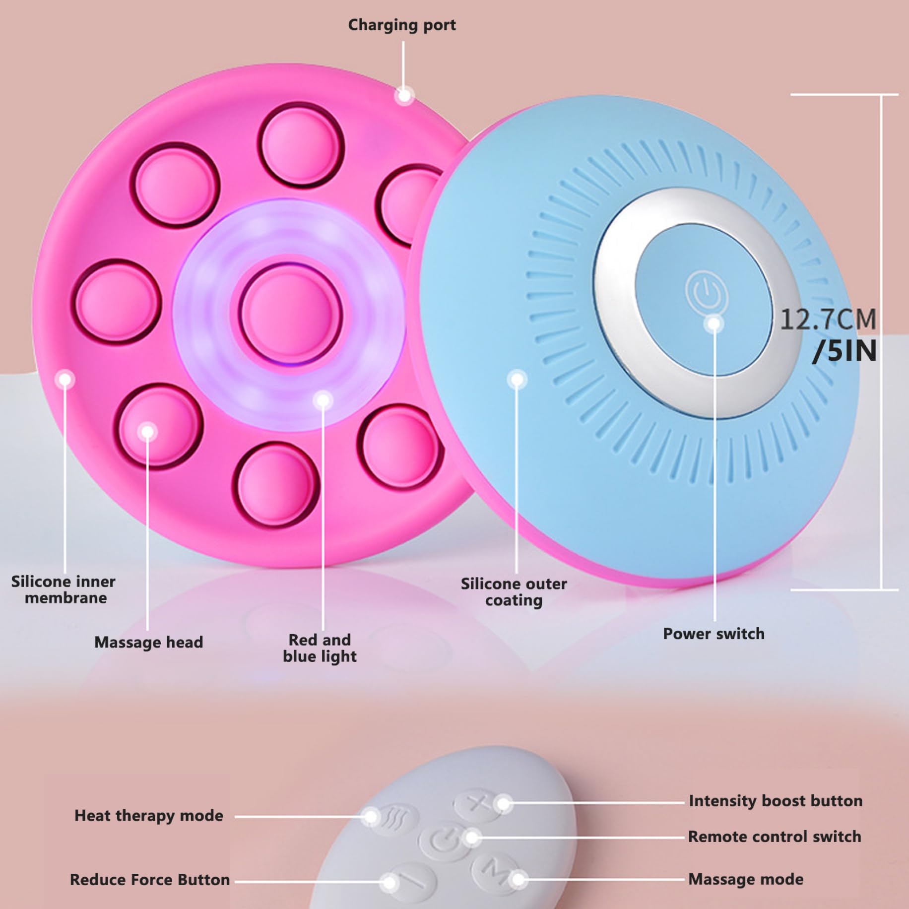 Masseur de sein en silicone à lumière rouge et bleue à 3 modes avec télécommande électrique sans fil rechargeable, points d'acupuncture, amélioration du sein pour les femmes | Masseurs de cellulite