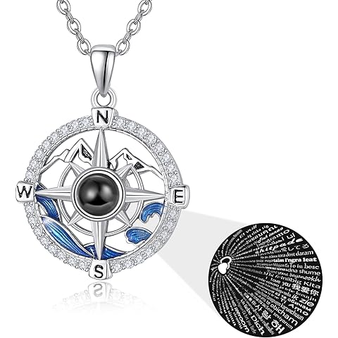 KINGWHYTE Compass Necklace for Women 925 Sterling Silver Compass Pendant Necklaces I Love You Necklace 100 Languages Projection Necklace Inspirational Nautical Dream Jewelry Graduation Gifts for Her