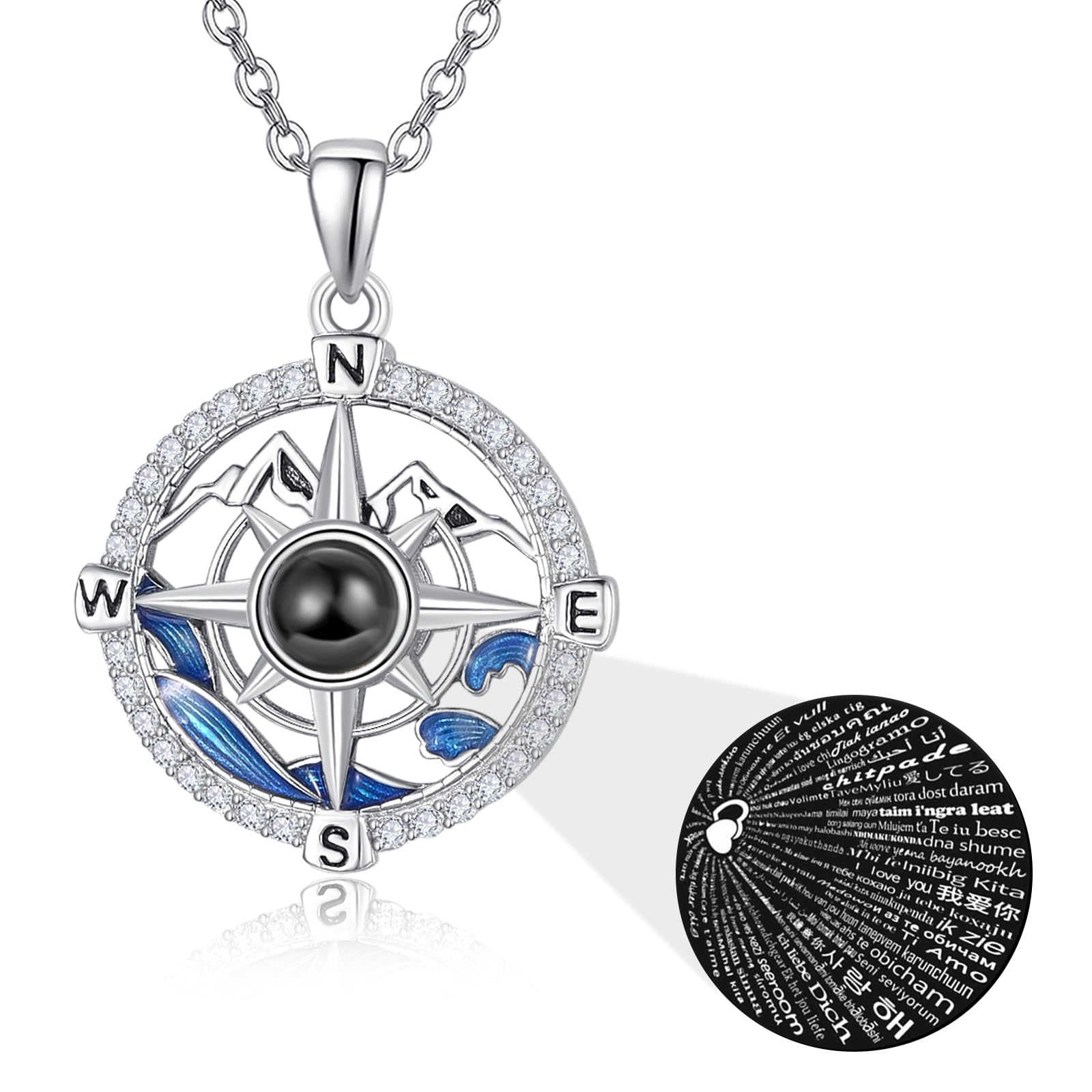 KINGWHYTE Compass Necklace for Women 925 Sterling Silver Compass Pendant Necklaces I Love You Necklace 100 Languages Projection Necklace Inspirational
