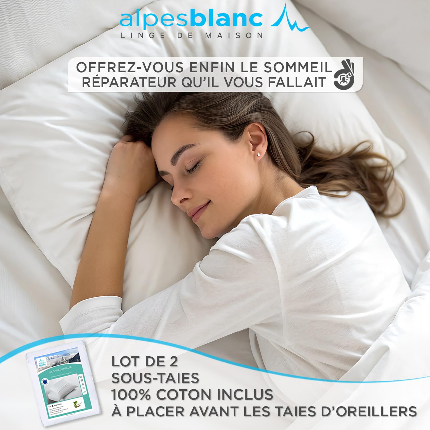 Alpes Blanc - Pack 4 pièces : 2 Oreillers en Plumes + 2 Protèges Oreillers 100% Coton - 60 x 60 cm – Accueil Moelleux, Soutien Ferme - Fabrication Française