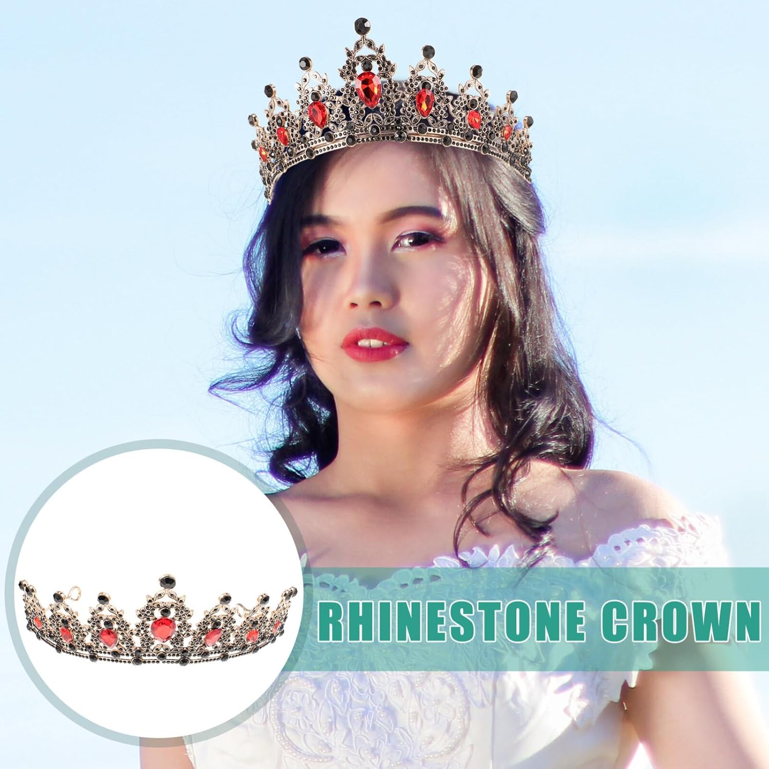 Baroque Bride Crowns Black Rhinestones Gothic Chic Tiaras Vintage Crystal Queen Princess Crown Headpieces Headband for Wedding Prom Halloween Pageant (Red) - Image 5