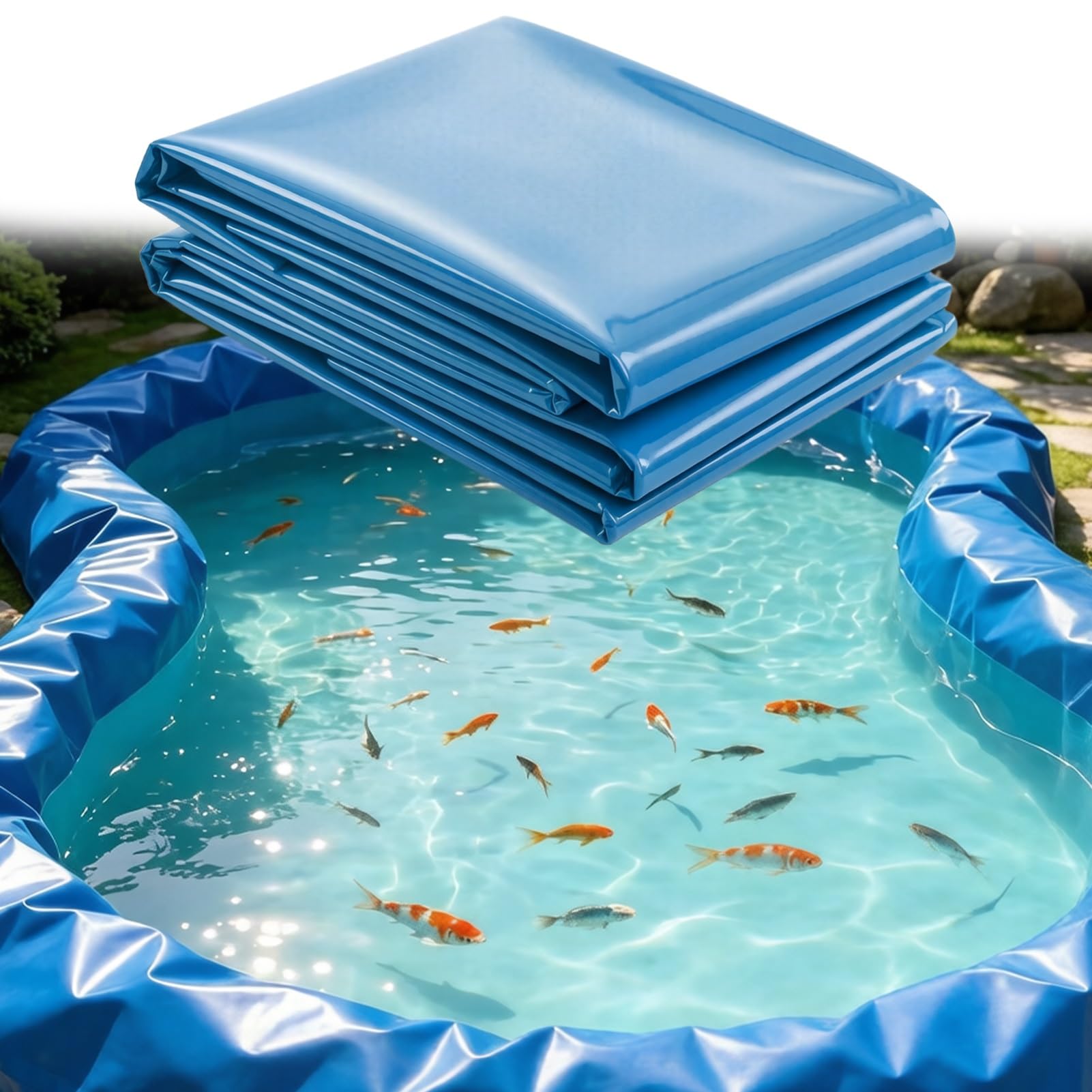 Fish Safe HDPE Blue Pond Liner for Koi Ponds Duck Ponds Puncture Resistant Flexible Polyethylene Liner for Water Feature Waterfall Stream(8x10m(26.2x32.8ft))
