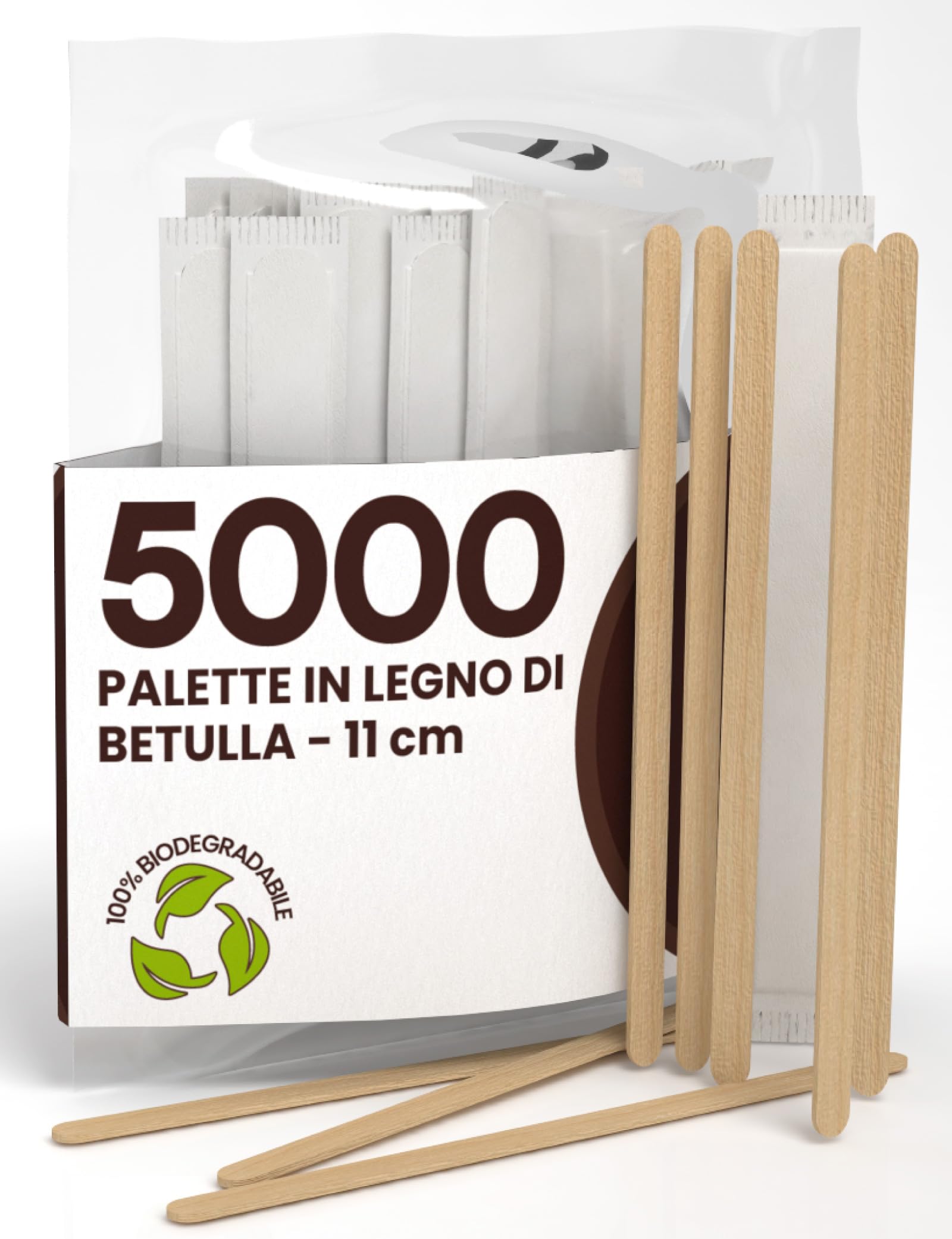 5000 Palette Lunghe per Caffè e Cappuccino Monouso in Legno di Betulla da 11cm - Imbustate Singolarmente, Biodegradabili e Compostabili, Resistenti al Calore per Mescolare Caffè e Bevande
