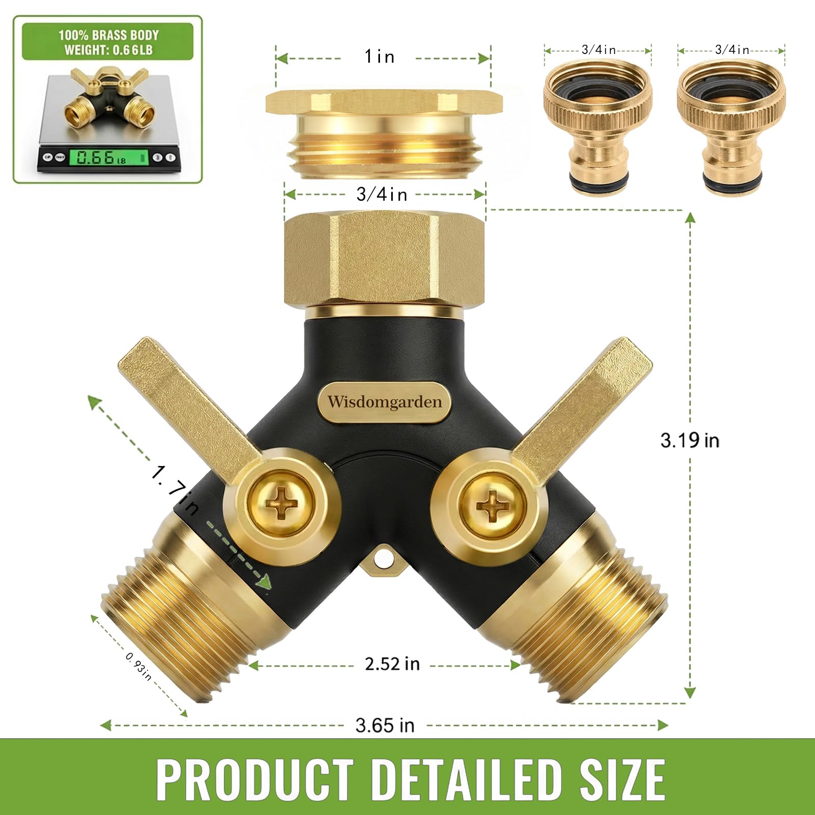 2 Wege Messing Gartenschlauch Verteiler, Y Wasserhahnverteiler mit 2 unabhängigen Ventilen, 1 Zoll Schlauchverteiler für Garten-mit 3/4 Zoll Adapter, Rasenbewässerung und Außenwasserhahn