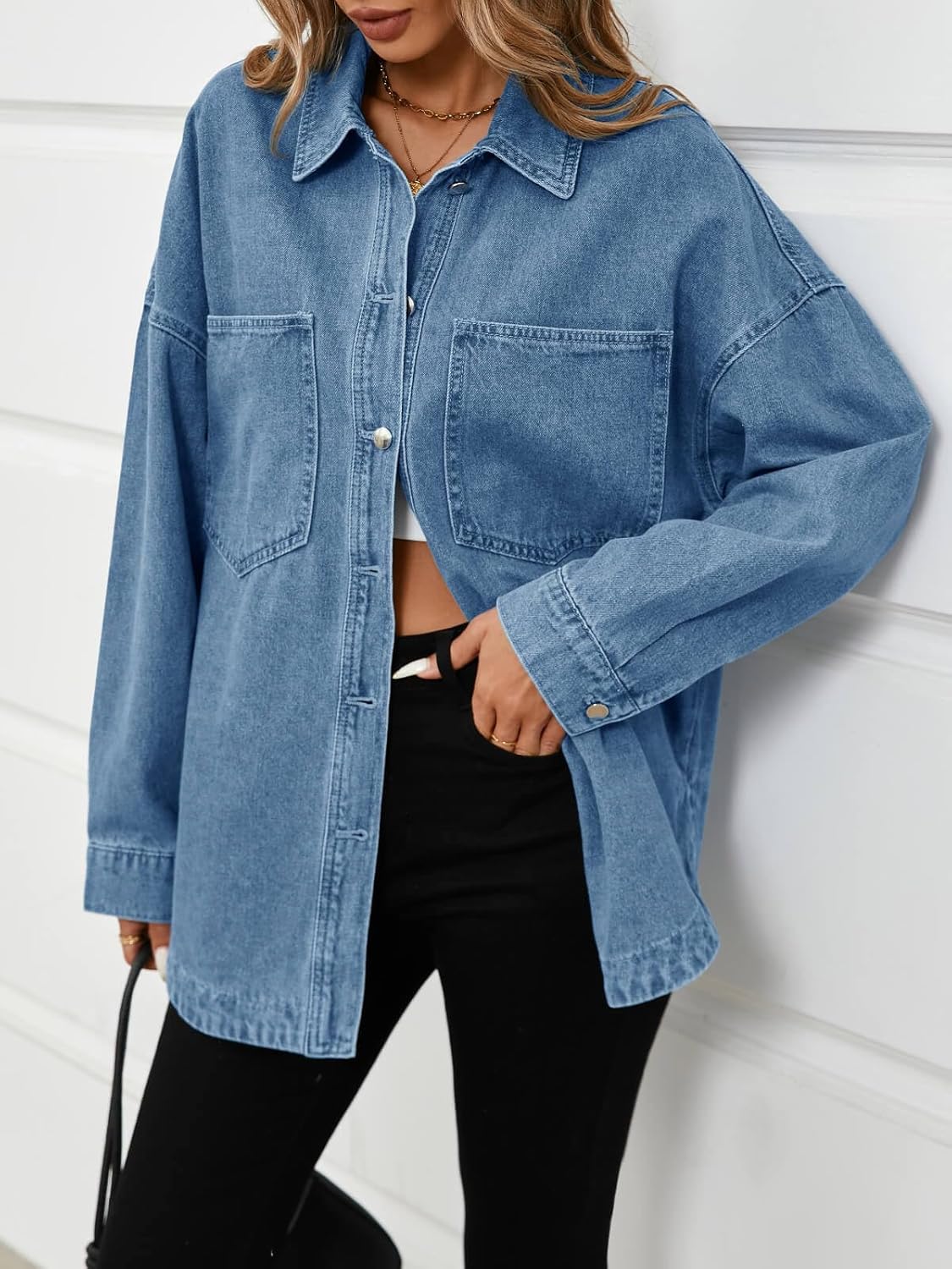 Tankaneo Womens Oversized Denim Shirt Jacket Button Down Long Sleeve Fall Casual Jean Shackets - Image 3