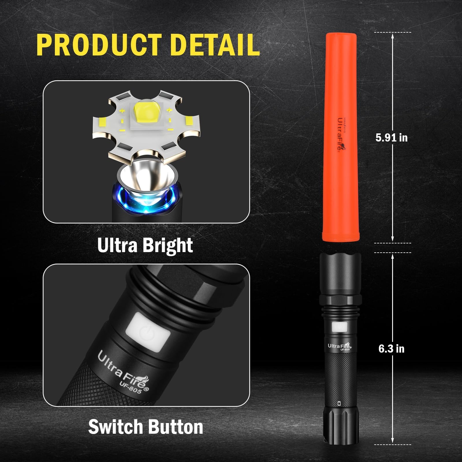 ULTRAFIRE Linterna LED recargable de 619 lúmenes, barra de señal para control de tráfico, 3 modos con modo intermitente rojo para estacionamiento, aeropuerto, bomberos, asistencia en carretera, UF-805