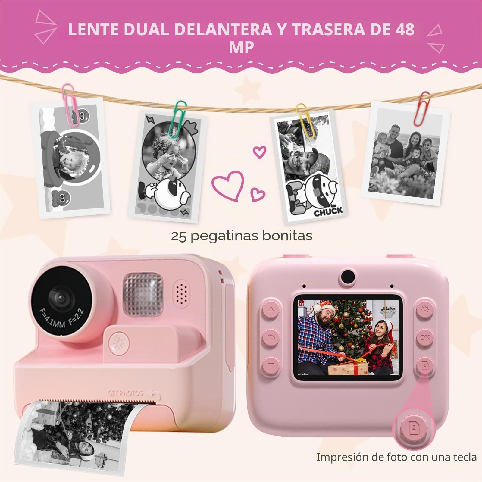 Mafiti Cámara de Fotos y Video Infantil 48MP, Impresión Instantánea, 1080P, Tarjeta 32GB, 3-12 años (Pink)