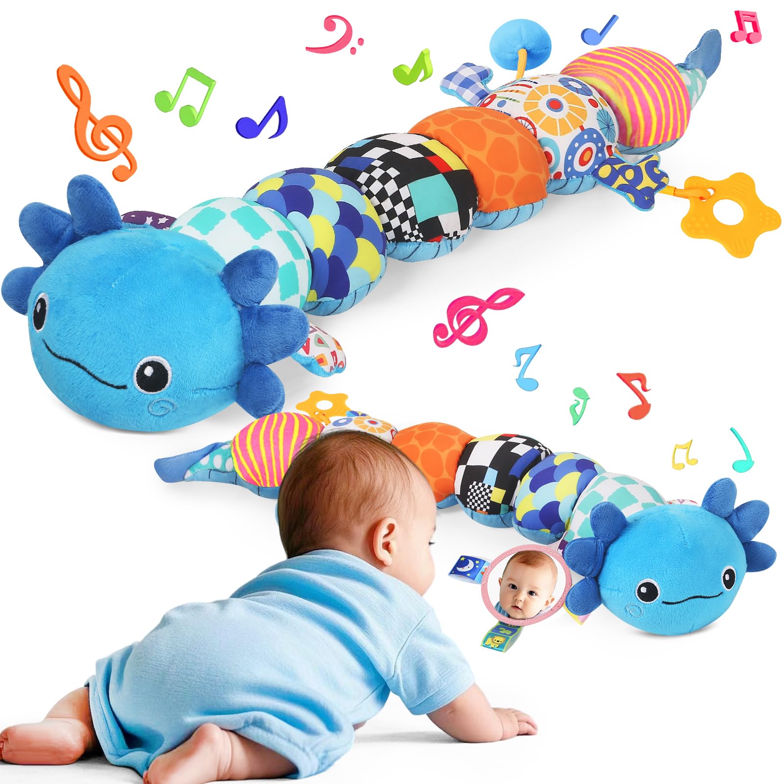 Baby Toys for 0-6 6-12 Months, Plush Axolotl Toy with Crinkle and Rattles for Infant Newborn, Sensory Music Animal Stuffed Toy for 0 1 2 3 4 5 6+ Month, Tummy Time Toys Gifts for 0-3-6-12 Months