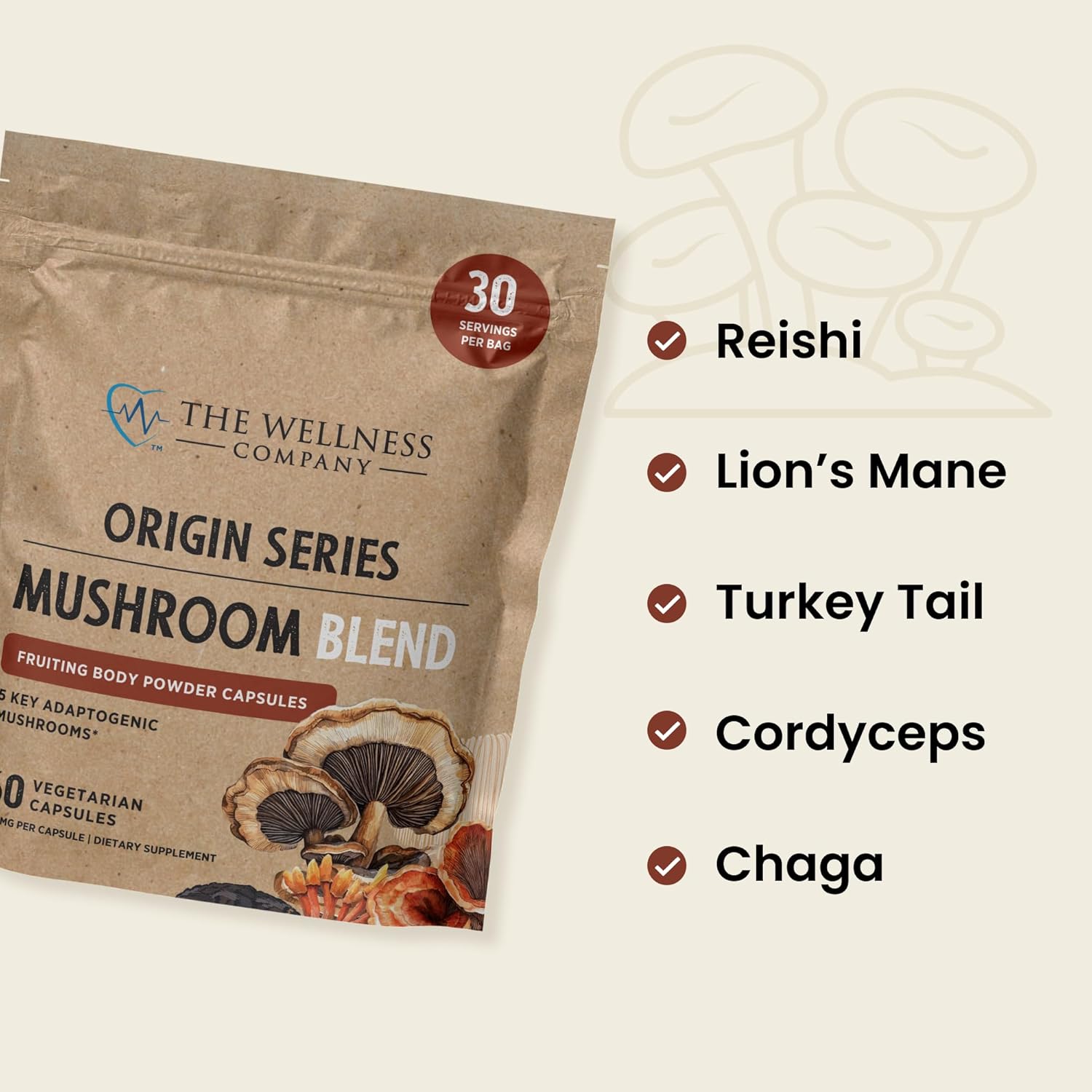 The Wellness Company Mushroom Blend - Cognitive Clarity, Immune Health, Destress - Reishi, Lion's Mane, Turkey Tail, Cordyceps, & Chaga | 60ct (1 Month Supply)