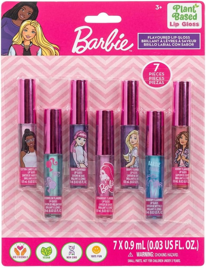 Barbie 7 Piece Plant Based Lip Gloss, Girls Party Favors, First Makeup Set for Girl, Perfect for Parties, Sleepovers, and Birthday Gifts, Ages 3+, by Townley Girl