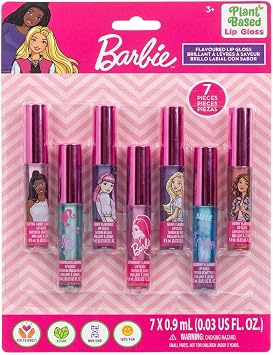 Barbie 7 Piece Plant Based Lip Gloss, Girls Party Favors, First Makeup Set for Girl, Perfect for Parties, Sleepovers, and Birthday Gifts, Ages 3+, by Townley Girl