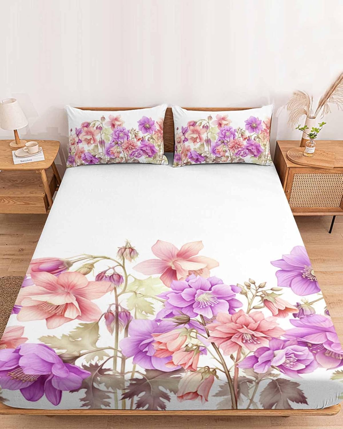 Spring Watercolor Pink Purple Flower White Fitted Sheet Set for King Size Bed 3 Pieces Bedding Sheets-Deep Pocket Bedsheet Fits Mattress Upto 16",2 Pillow Cases Bedroom Decor Pastoral Floral Blossom