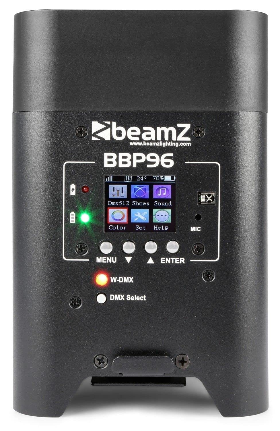 BeamZ BBP96 Uplight 4er Set Akku LED Strahler RGB AW-UV LED Par Spot. 6x12 Watt, Built-In WDMX-Receiver, 16h Akkubetrieb, 6,10 DMX Channels, 0-100% Dimmer, 7000LX, Eazy Link, LCD Display, Schwarz