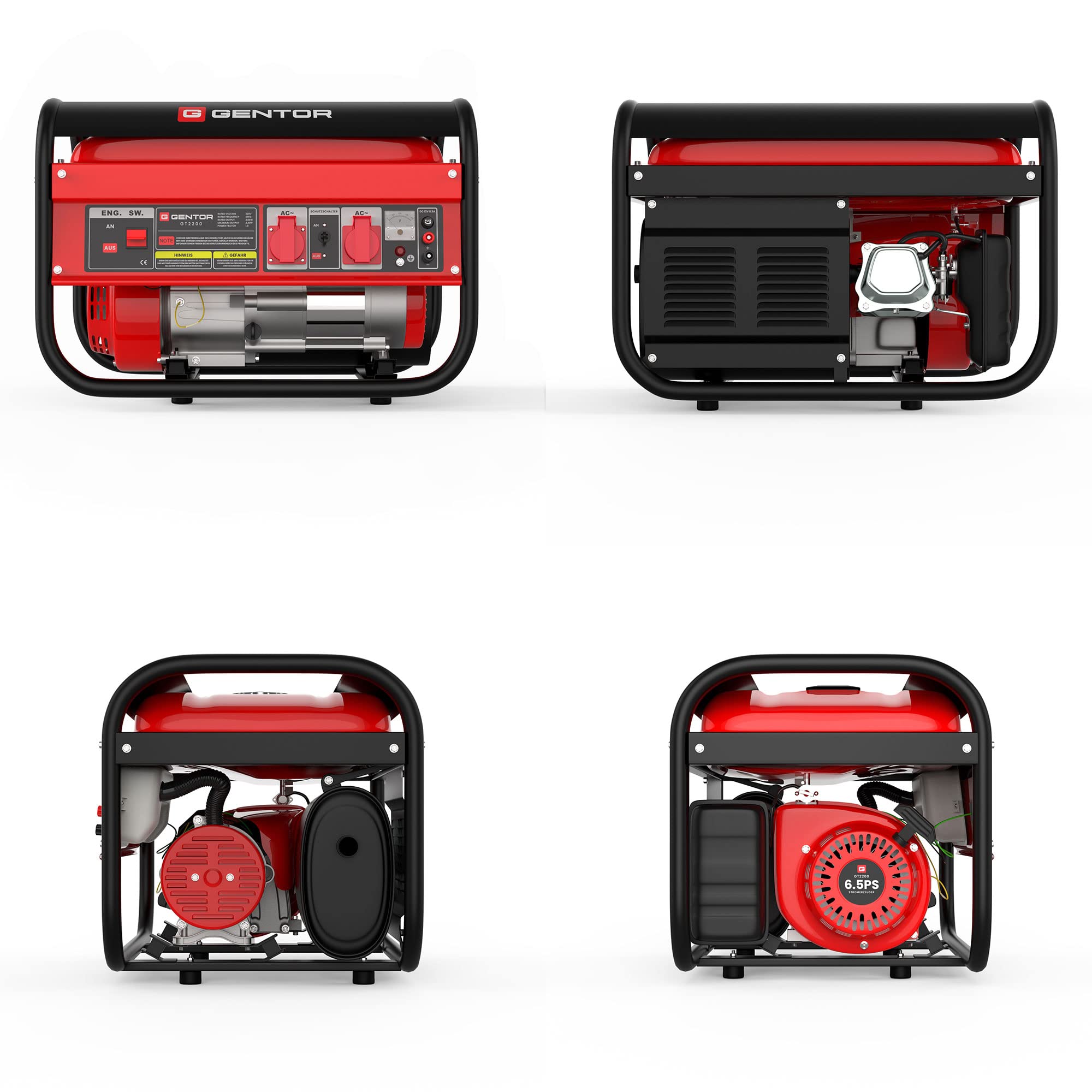 GENTOR generator prądu awaryjnego benzyna cichy 2200 Watt 6.5HP, generatory prądu 4-suwowy silnik benzynowy, 2x 230V, 1x 12V, pull-start, dla kempingu, na zewnątrz, warsztat, dom