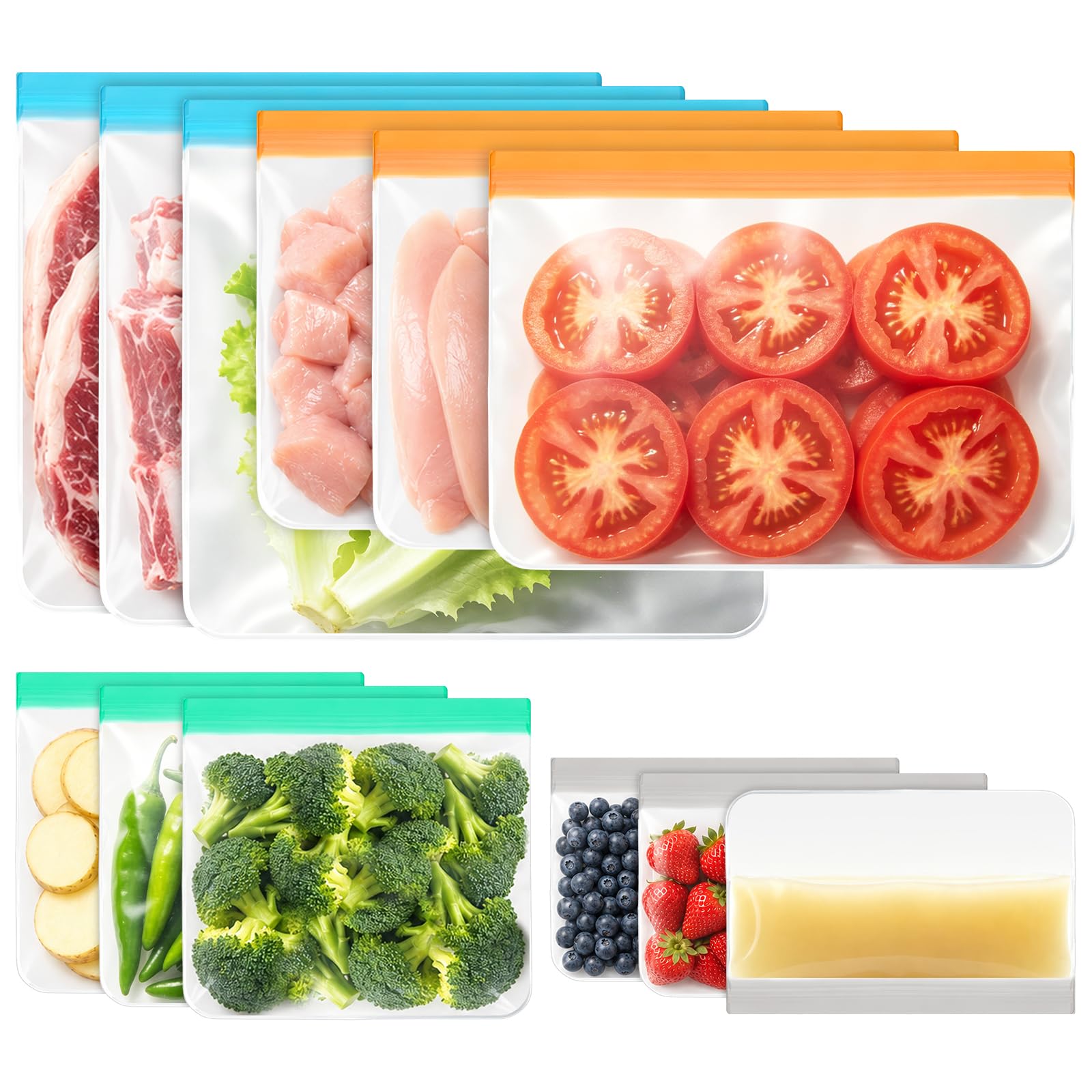 Yuaerbuo 12 Pcs Reusable Freezer Bags BPA Free, 4-Size Reusable Sandwich Bag Leakproof Food Storage Bags for Freezing Fruits Bread Snacks Vegetable Meat