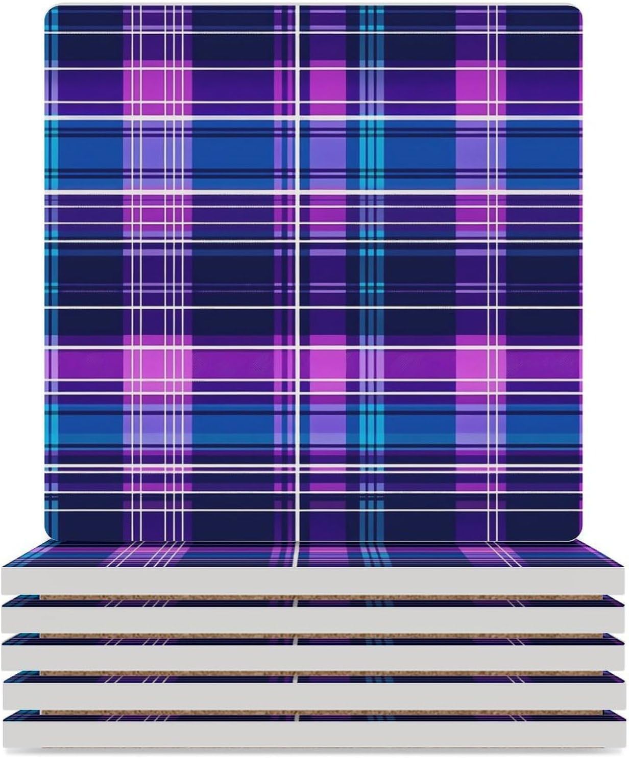 Blue Purple Plaid Print Coasters for Drinks Square Table Coasters Set Cup Mats with Cork Base