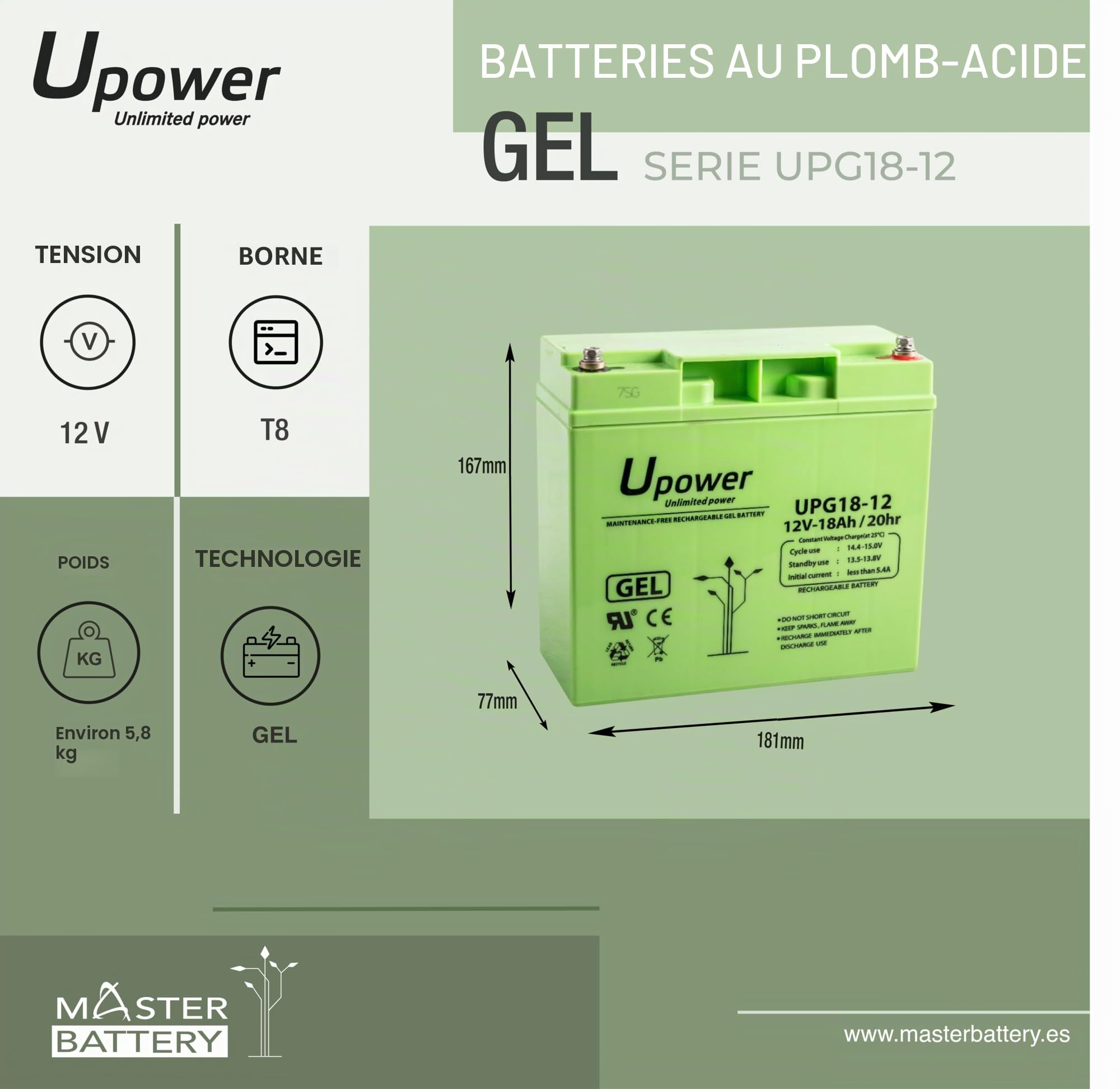 U-Power Batterie Plomb GEL 12V 18Ah T6mm