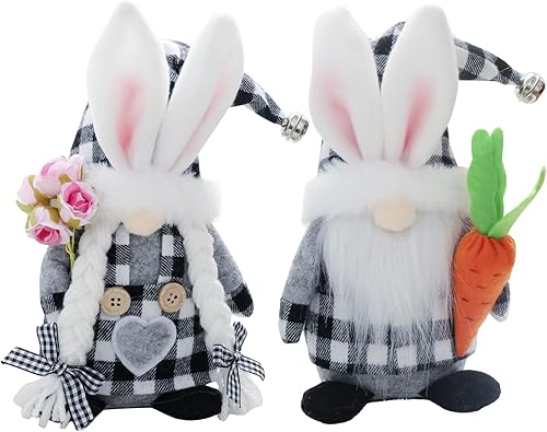 Morlay 2 gnomos de conejo de Pascua, decoración de búfalo blanco y negro, gnomo de Pascua que sostiene zanahoria y flores, adorno de mesa para el