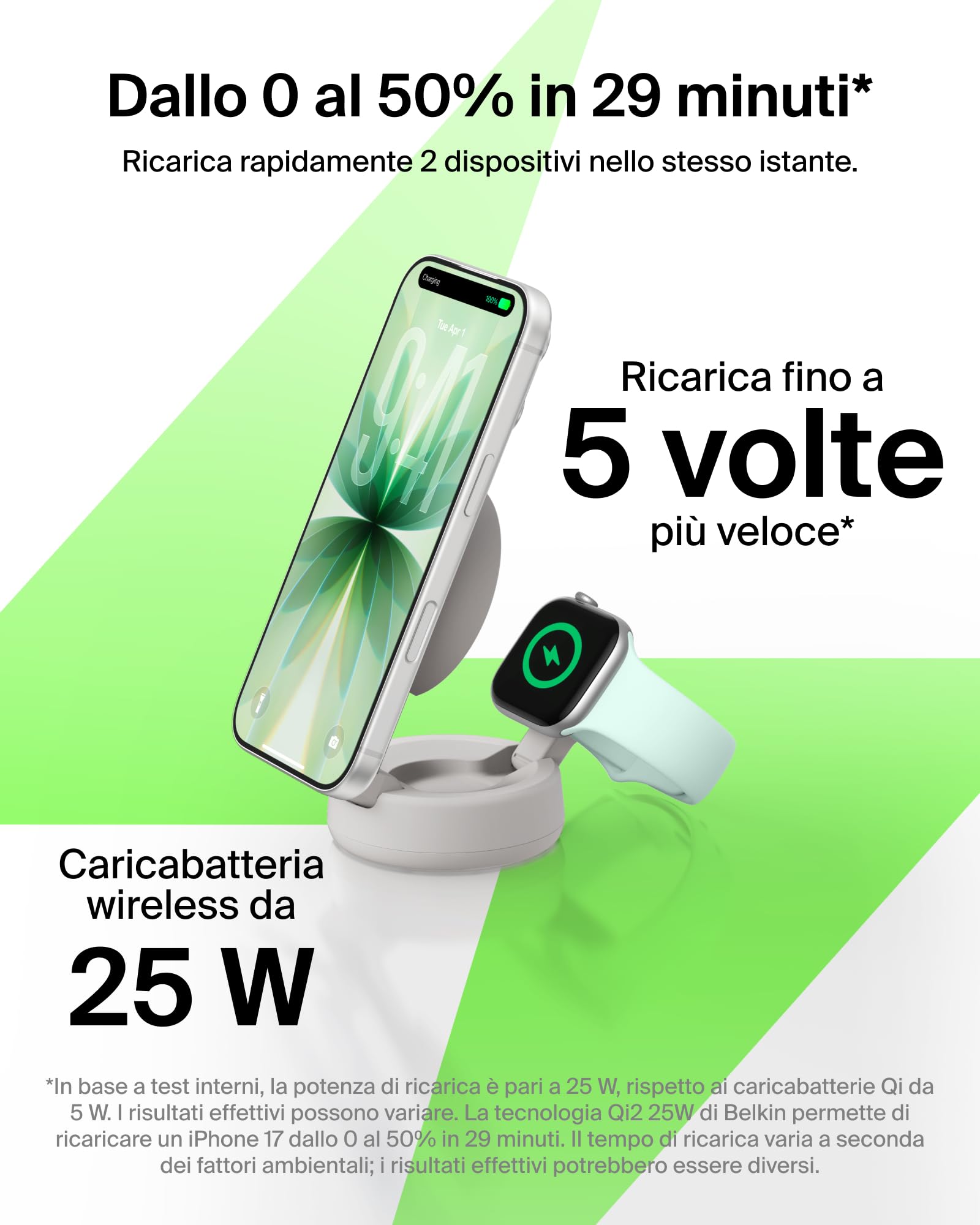 Belkin UltraCharge Pro Caricatore Wireless Qi2 25W 2 in 1 - Beige | Caricatore Wireless Magnetico Convertibile MagSafe, Certificato Qi2.2 per iPhone, Apple Watch, Auricolari, Alimentatore 45W