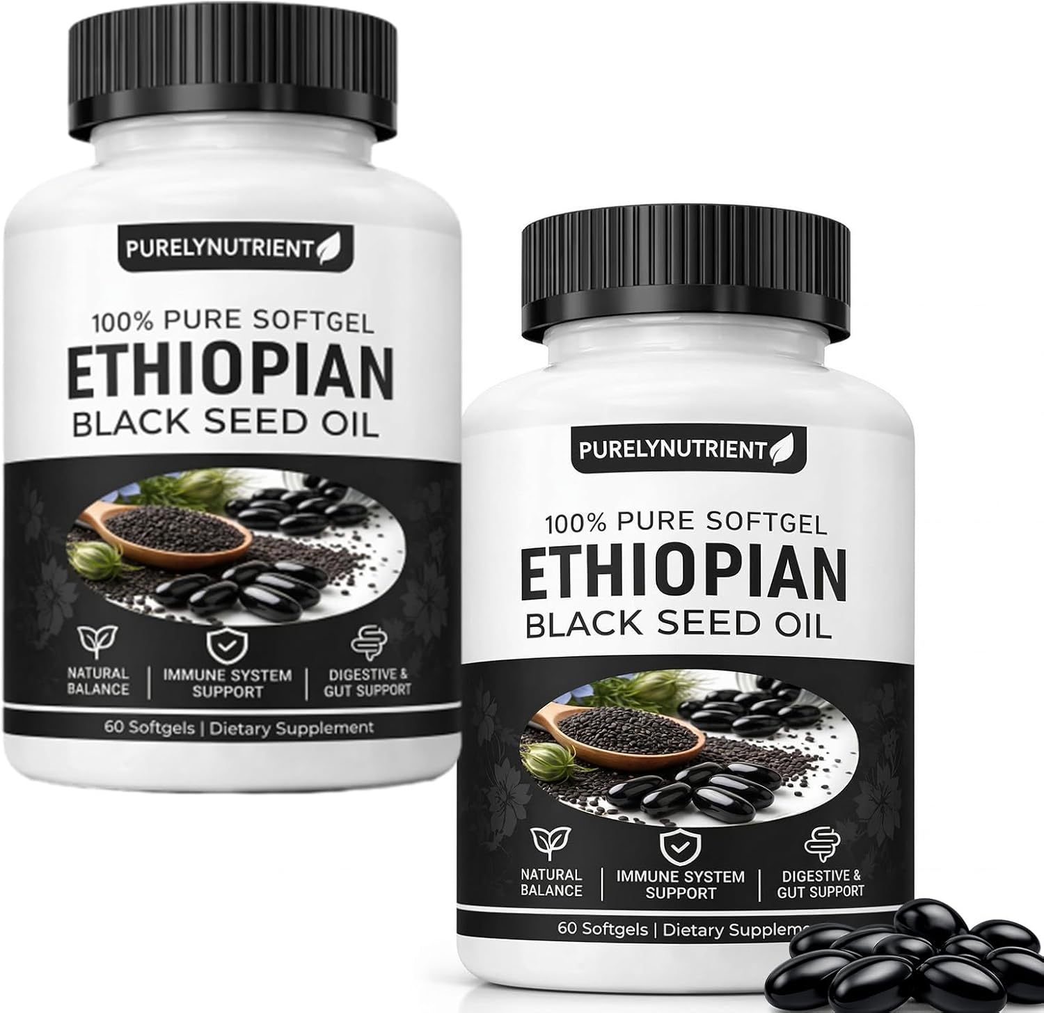 PURELYNUTRIENT Ethiopian Black Seed Oil Capsules with 4.64% Thymoquinone, Immune Support & Digestion & Energy Booster, Non-GMO, Gluten-Free, 60 Count Softgels