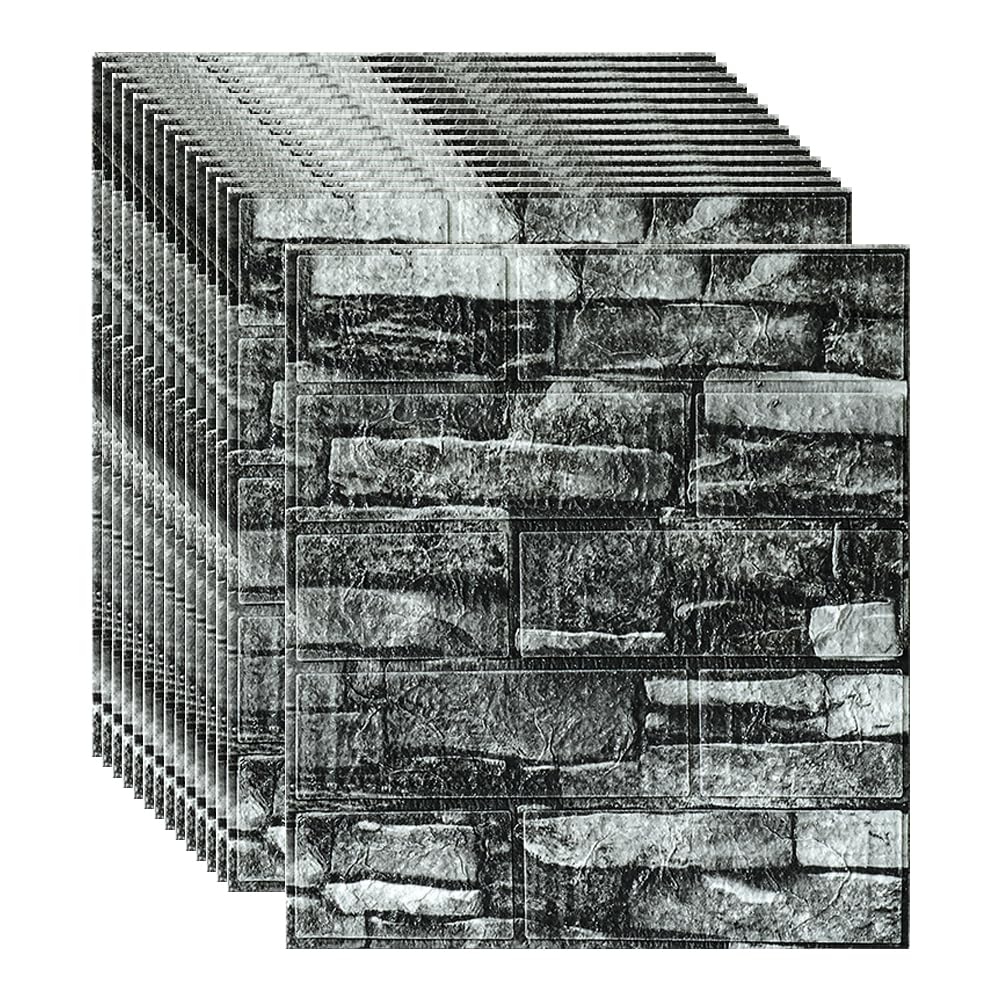 Papel Pintado Pared Ladrillo, Paneles Decorativos 3D Autoadhesivo, Efecto Ladrillo de Piedra Impermeable Pegatinas Pared para Cocina, Salón, Dormitorio (36 Piezas, Roca Negra)