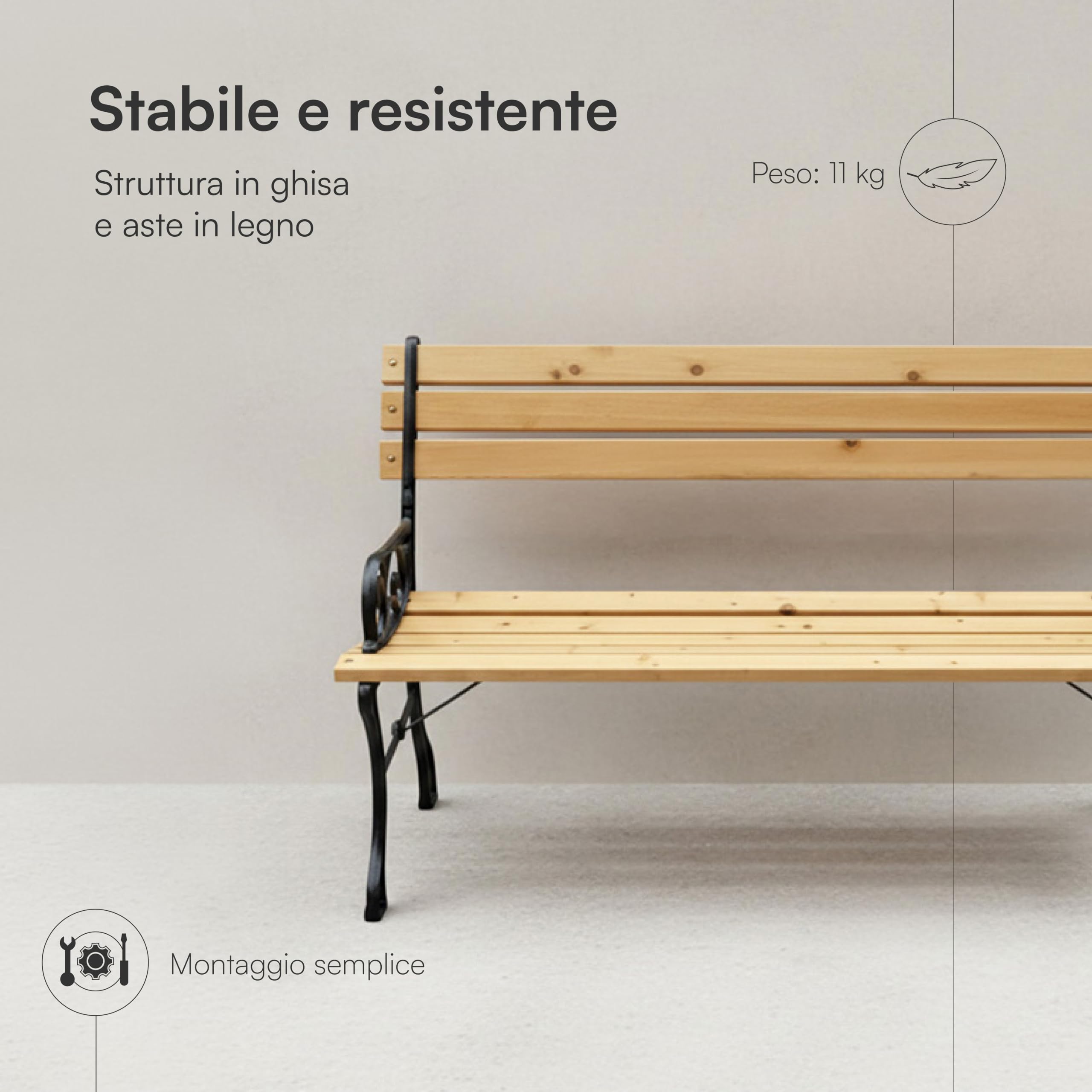 Baroni Home Panchina da Giardino in Legno e Ghisa Decorata, Panchina Esterno 2-3 Posti con Schienale e Braccioli, per Giardino, Terrazzo, Balcone e Patio, 122x50x70 cm