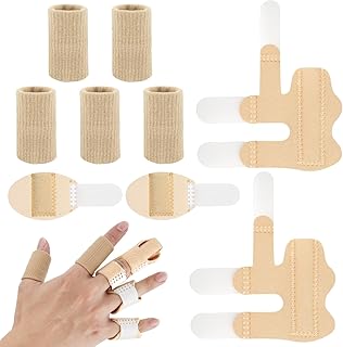 4pcs Trigger Finger Splints, with 5pcs Finger Sleeves Reusable Soft Finger Splint 2 Sizes Fabric Finger Brace for Broken Finger Protection (Skin Color)