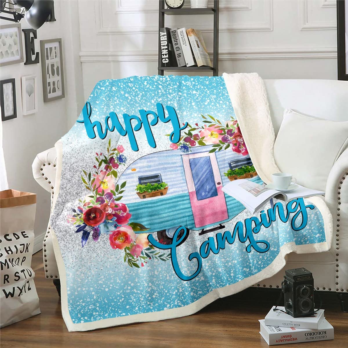 Galaxy Camper Fleece Blanket for Boys,Happy Camping Throw Blanket Queen Size, Rustic Farmhouse Flower Sherpa Blanket for Kids Teens Adult,Space Star Glitter Flannel Blanket Travelling Camping Blanket