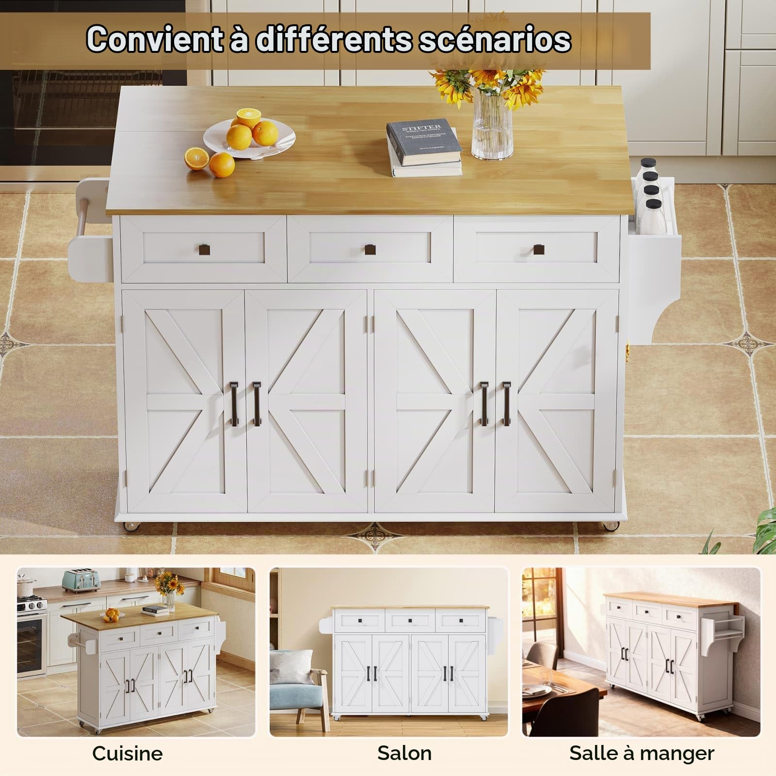 Sweiko Îlot de Cuisine 140x70x90.5cm avec Plan de Travail Rabattable,Comprend 5 roulettes Réglables,4 Portes,3 Tiroirs et Un Porte-Serviettes Double Face (White 2)