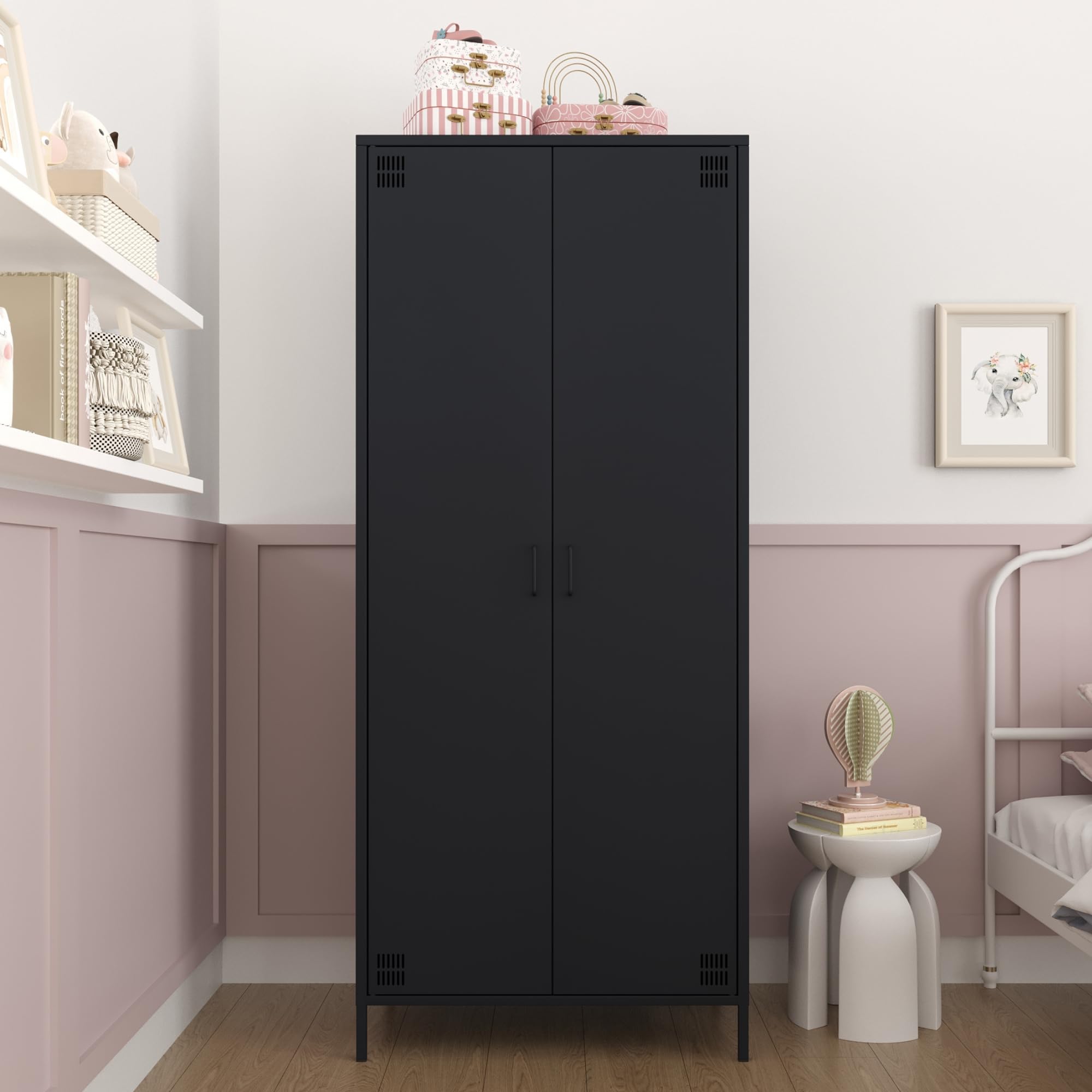 furni24 Metallschrank – Retro Garderobenschrank mit Kleiderstange – Robuste Aufbewahrungslösung mit verstellbaren Ablagen– Ideal für Schlafzimmer, Flur, Büro- Kleiderschrank mit 2 Türen, Anthrazit