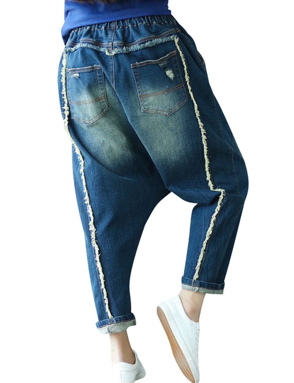 Youlee Femmes Taille Elastique Brodé Drop Crotch Pantalons Jeans Sarouel