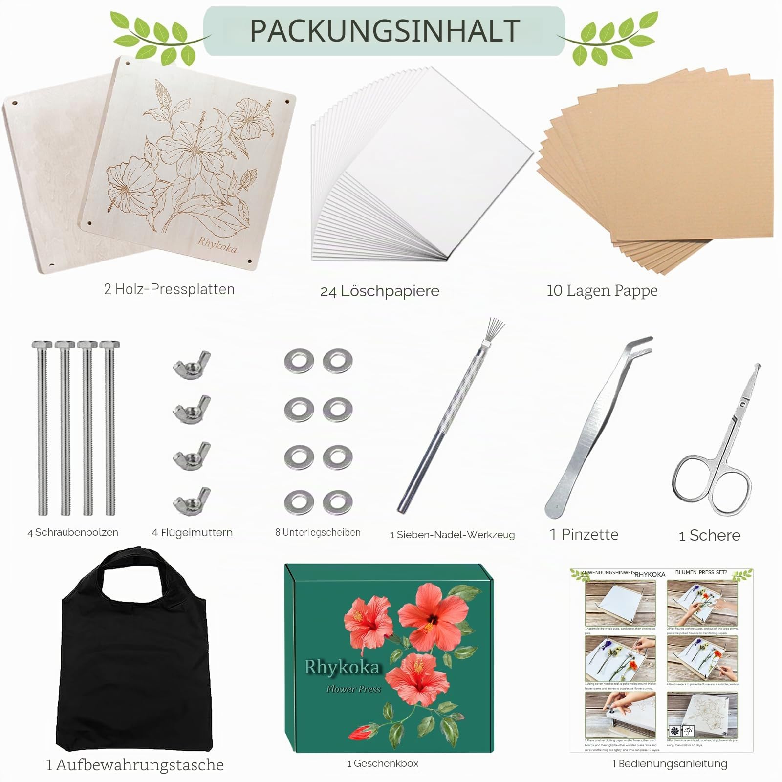 Rhykoka Extra große Blumenpresse, 10 Schichten, 28 x 28 cm, Holzblumen-Pressset für Erwachsene, mit Aufbewahrungstasche, Geschenk für Bastel-Liebhaber (Holz)