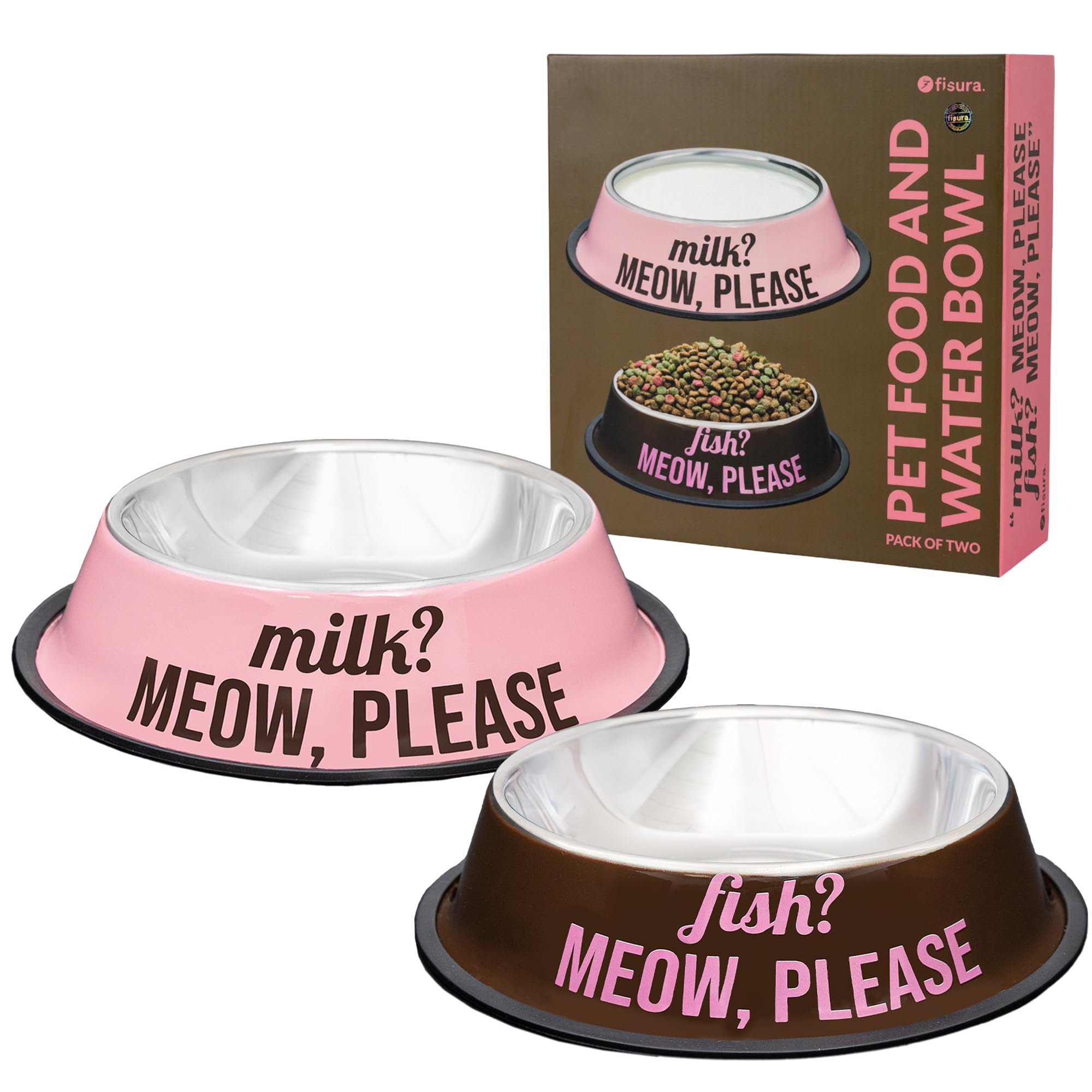 Fisura - Durable & Stylish Stainless Steel Cat Bowls Set, Non-Slip Pet Feeding Bowls, Pink & Brown, 500ml Food Bowl & 1000ml Water Bowl, Double Dog Dish Set