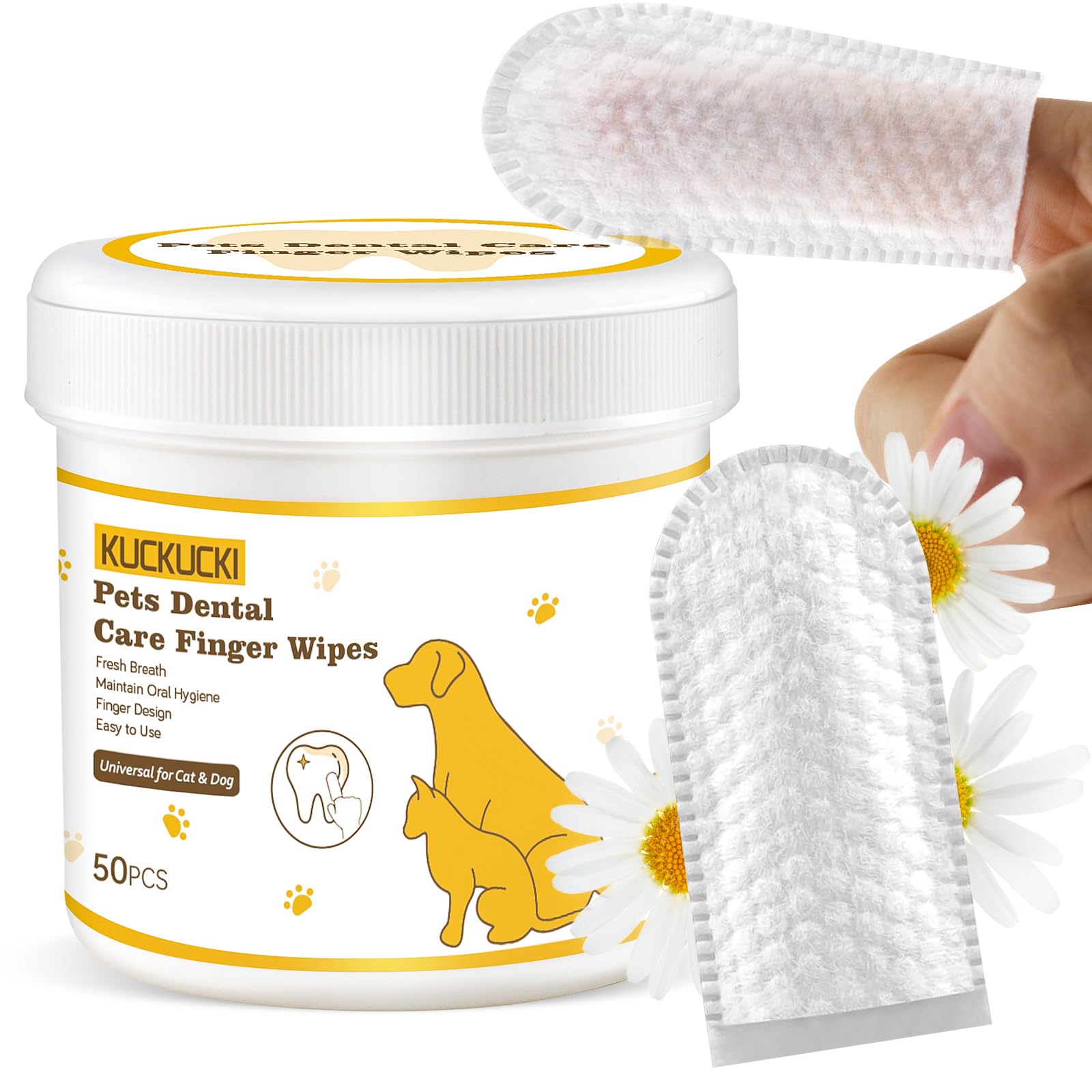 – KUCKUCKI Pet Gentle Teeth Wipes, 50 Count Universal Cat & Dog Dental Care Finger Wipes, Natural and Safe for Removing Dirt Crust and Discharge, Hypoallergenic