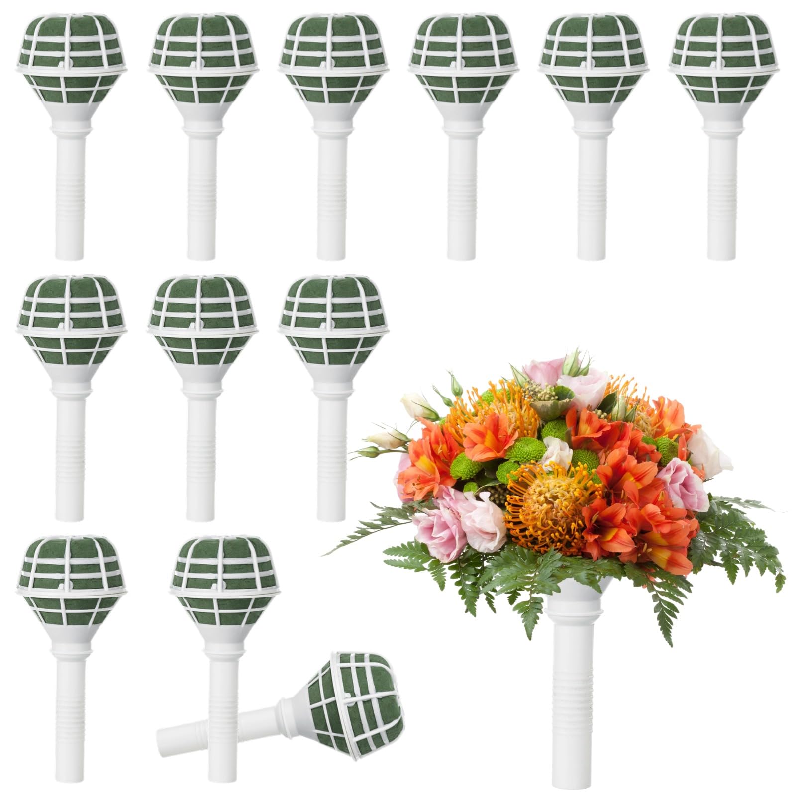 12 soportes para ramos de flores, soportes de mango de ramo de novia para uso en bodas, parte superior redonda de espuma, diseño ligero, ideal para flores artificiales, arreglos florales