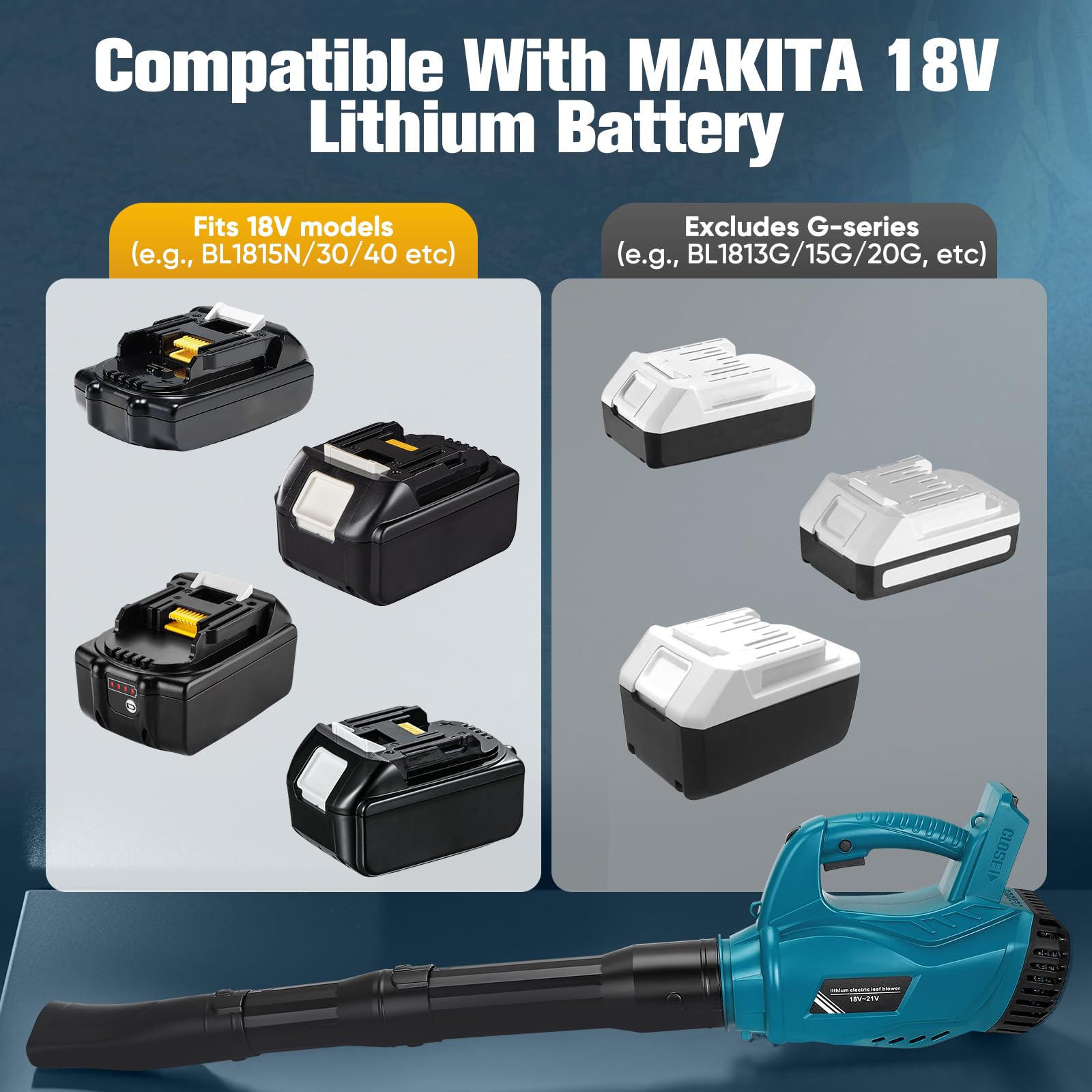 Soffiatore di foglie compatibile con batteria Makita 18 V, ideale per giardino, velocità variabile, terrazza, grande volume, per costruzione, casa, giardino, cura del prato