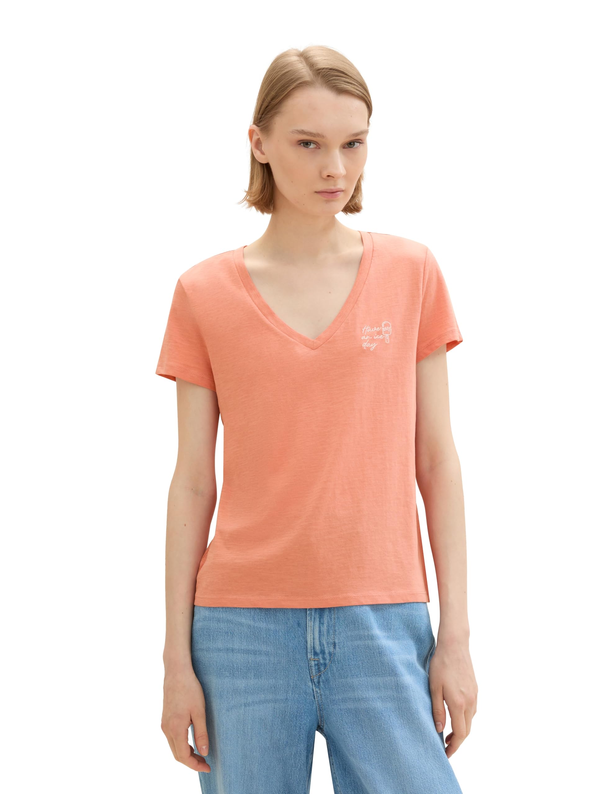 TOM TAILOR Denim Women's Basic V-Neck T-Shirt, 35155 - Burnt Terracotta, XXS