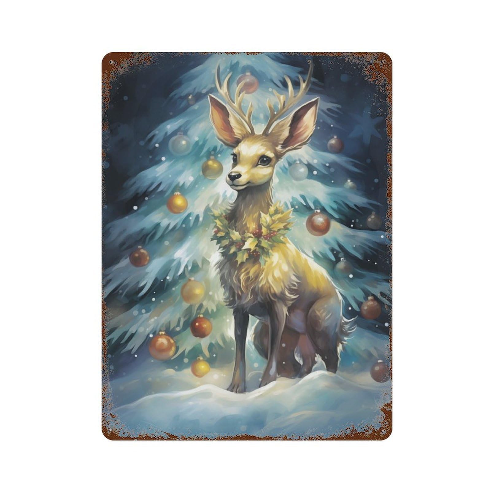 Tiny Reindeer Christmas Rust Effect Tin Sign 15.7"x11.8", Novelty Wall Decor for Garage, Pub Or Kitchen