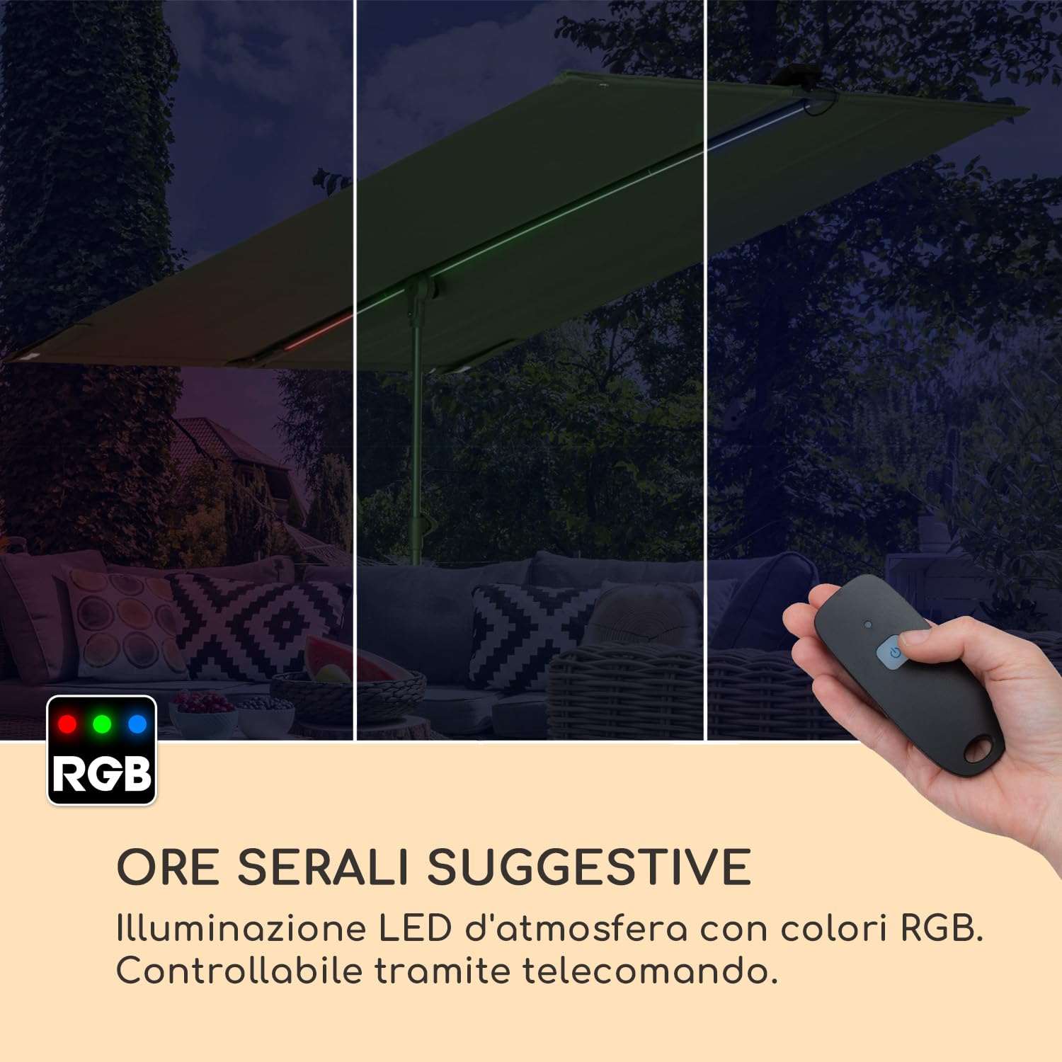 blumfeldt Ombrellone da Giardino, Ombrellone Arredo Giardino con Pannelli Solari, Luci LED RGB, Protezione Raggi UV, da Decentrato Impemeabile e Smart, da Esterno