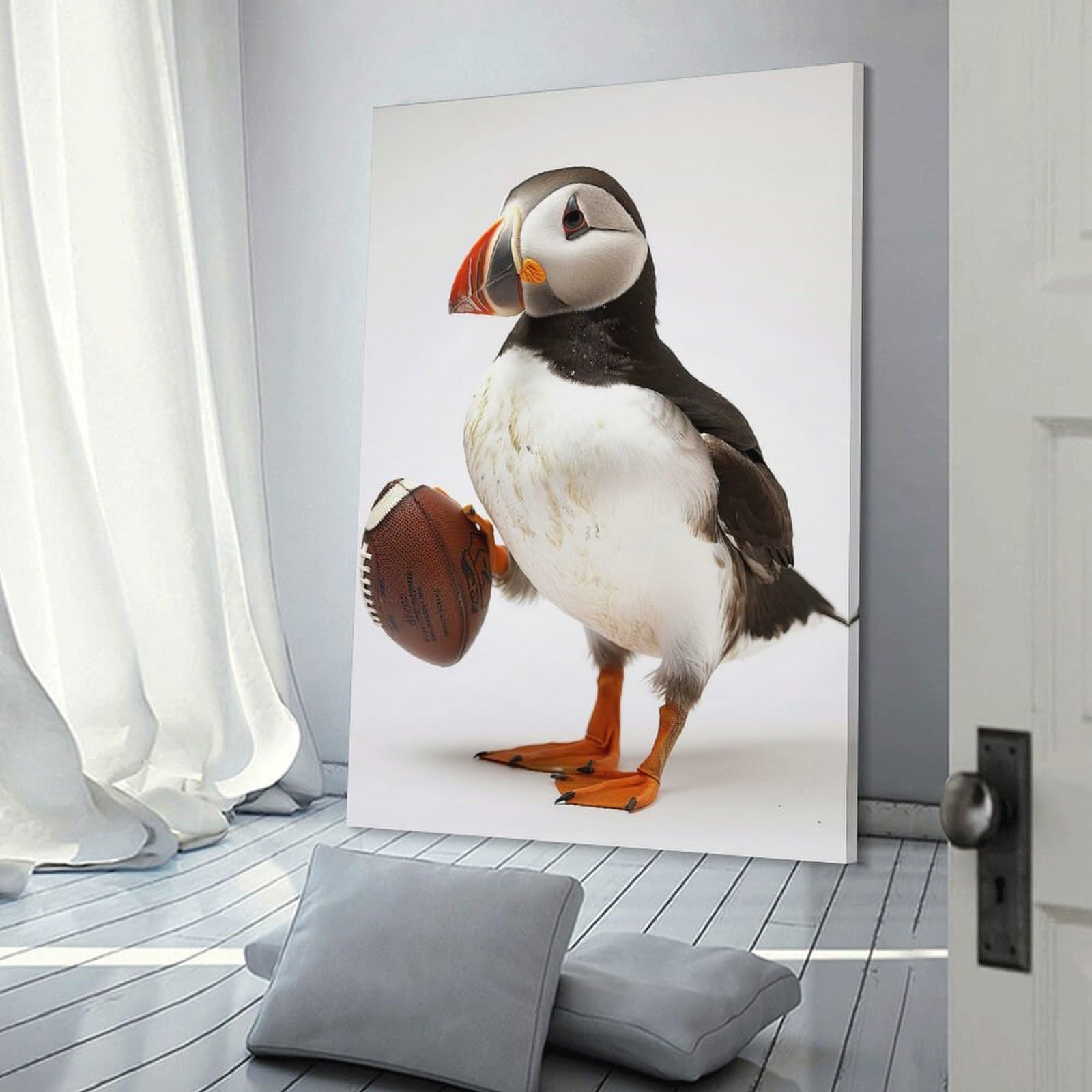 Junmoney Wall Picture Print Puffin Holding Football, 24x36inch(60x90cm), for Wall Displays, Bedrooms Or Room Updates, Wall Decor Suited to Curated Displays