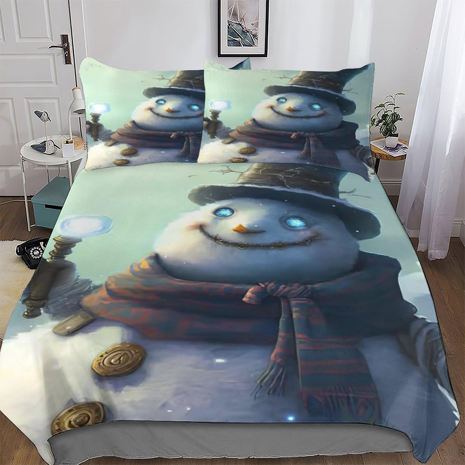 Parure de lit bonhomme de neige 3D 200x200 cm avec housse de couette en microfibre et taie d'oreiller